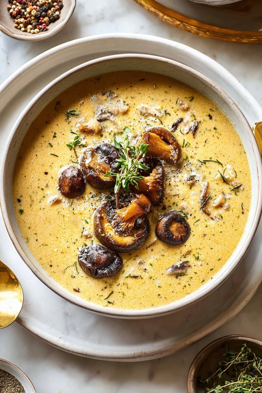 Flat lay of a small white ceramic bowl of golden olive oil, a matching bowl with unsalted butter cubes, a whole yellow onion, a small white bowl filled with finely chopped bright orange carrots, another bowl of finely chopped pale green celery, a simple white plate with sliced baby bella mushrooms, a small white bowl holding peeled garlic cloves, a small mound of dry wild rice blend grains directly on the surface, a white bowl with mixed poultry seasoning herbs, a tiny bowl of coarse kosher salt crystals, a small bowl with whole black peppercorns, a larger white bowl with clear vegetable broth, a small white bowl with fresh heavy cream, and a small white bowl containing finely grated Parmesan cheese, all arranged evenly spaced in perfect symmetry, placed on a clean white marble surface, soft natural light, photo taken with an iPhone, professional food photography style, fresh ingredients, white ceramic bowls, no bottles, no duplicates, no utensils, no packaging --ar 2:3 --v 7 --p m7354615311229779997 - Wild Rice Mushroom Soup, earthy mushroom soup with wild rice, creamy mushroom and wild rice recipe, hearty vegetarian mushroom soup, comforting mushroom and rice dish