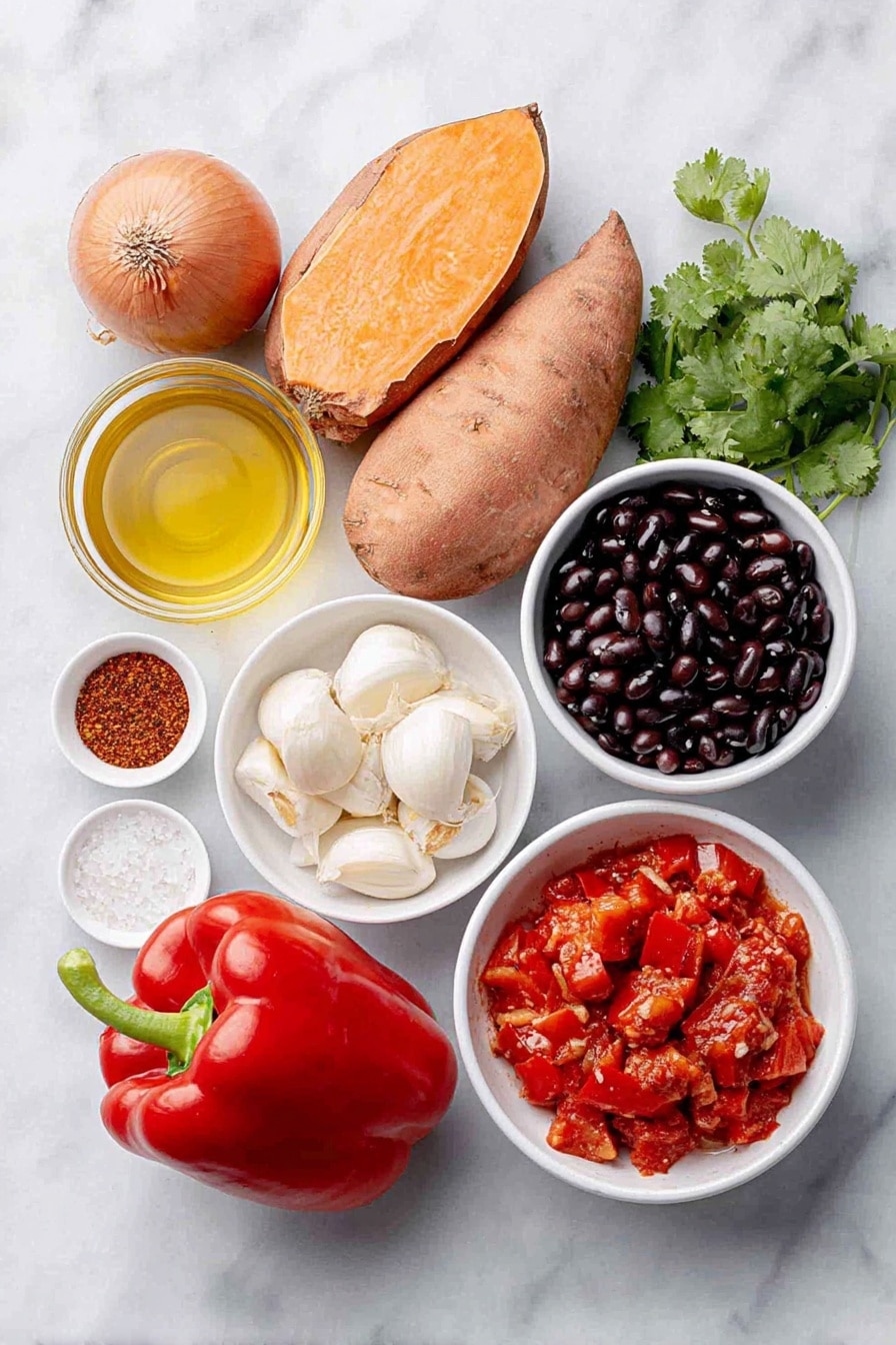 Flat lay of a small white ceramic bowl of golden olive oil, a whole red onion with glossy skin, three whole uncracked garlic cloves, a large peeled sweet potato cut into chunks showing bright orange flesh, a fresh red bell pepper sliced into pieces, a bunch of vibrant green cilantro with leaves and stems, a small white bowl of deep red diced tomatoes with green chili pieces, a small white bowl of shiny black beans, a small white bowl of light brown chili powder, a small white bowl of fine ground cumin, a small white bowl of red pepper flakes, a small white bowl of clear vegetable broth, two small white bowls of water, salt and pepper in small white bowls, all arranged symmetrically on a clean white marble surface, soft natural light, photo taken with an iPhone, professional food photography style, fresh ingredients, white ceramic bowls, no bottles, no duplicates, no utensils, no packaging --ar 2:3 --v 7 --p m7354615311229779997 - Black Bean and Sweet Potato Soup, hearty vegetarian soup, healthy black bean soup, easy sweet potato soup, comforting plant-based soup