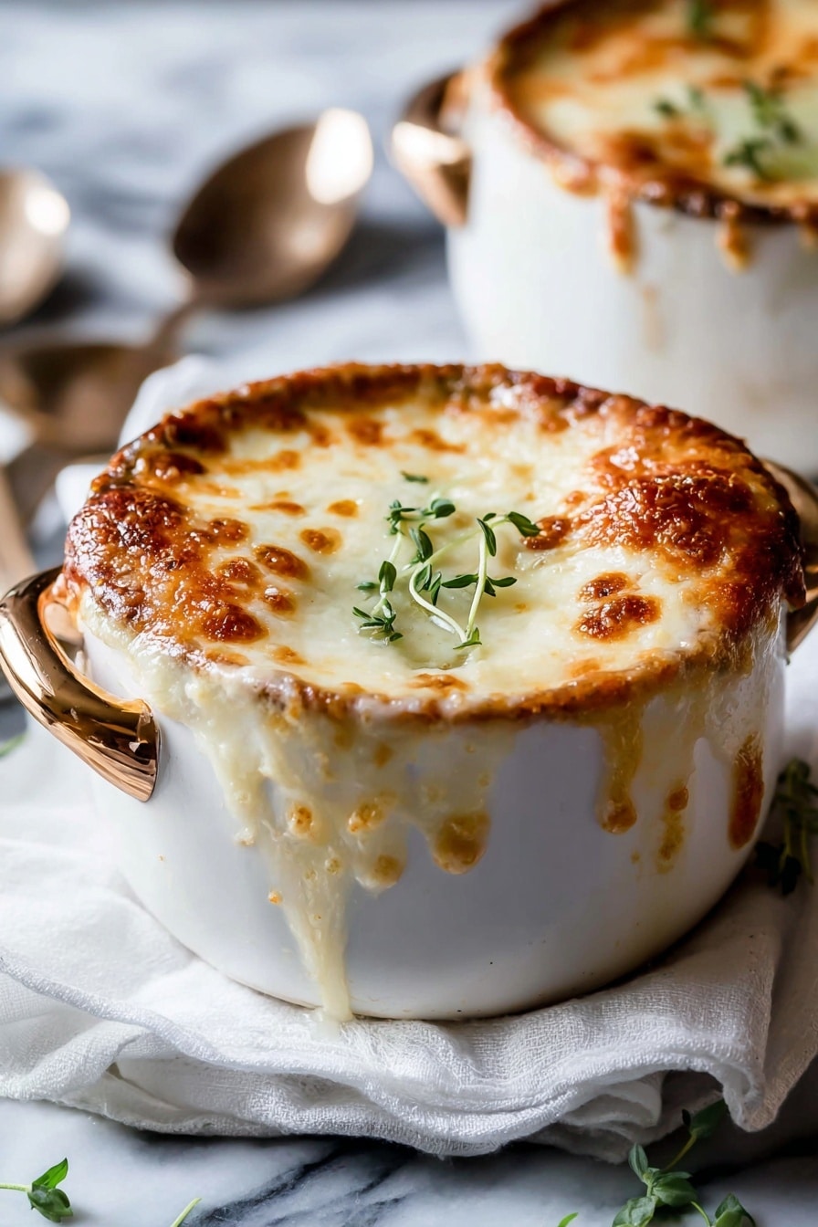 Easy French Onion Soup with Melted Cheese Recipe 8 The image shows a copper pot with metal handles filled with a light brown, creamy soup or stew that has a soft and thick texture. Inside the pot, on top of the liquid, there are several pieces of dark brown, crispy baked bread that appear partially soaked. A woman's hand is holding a spoon lifting some of the creamy soup, with a thick drip falling from the spoon. The background is out of focus with warm tones, and the pot is placed on a white marbled surface. photo taken with an iphone --ar 2:3 --v 7 - French Onion Soup with Melted Cheese, easy French onion soup, homemade onion soup, caramelized onion soup, cheesy French onion broth