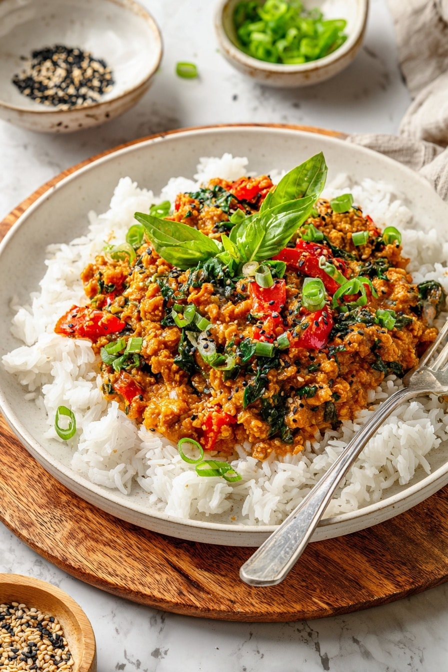 Gochujang Chicken Bowls Recipe 6 The dish shows a white deep plate filled with two main layers. The bottom layer is white fluffy long-grain rice, which is spread evenly across the plate. On top, there's a thick layer of orange-hued cooked minced chicken mixed with chopped red bell peppers and greens, giving it a vibrant and textured look. This layer is garnished with chopped green onions, fresh green basil leaves, and a sprinkle of white and black sesame seeds. A silver fork rests on the right side of the plate, partially touching the rice. The plate is placed on a wooden board over a white marbled surface, with small bowls containing green onions and sesame seeds in the background. Photo taken with an iphone --ar 2:3 --v 7 - Gochujang Chicken Bowls, Korean chicken bowls, spicy chicken rice bowls, healthy Korean-inspired bowls, easy Gochujang chicken recipe
