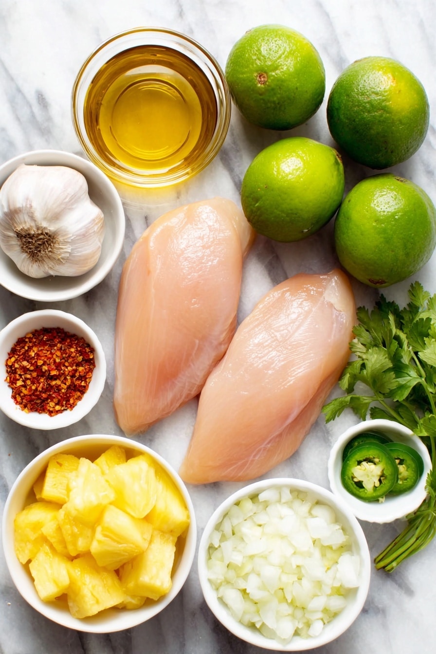 Flat lay of four boneless skinless chicken breasts, a small white ceramic bowl of golden olive oil, two fresh whole limes, a small white ceramic bowl of minced garlic, a small white ceramic bowl of dark soy sauce, a small white ceramic bowl of onion powder, a small white ceramic bowl of whole nutmeg nut, a small white ceramic bowl of whole allspice berries, a small white ceramic bowl of crushed red pepper flakes, a small white ceramic bowl of golden honey, a small white ceramic bowl of diced bright yellow pineapple, half a fresh white onion diced, a small bunch of bright green roughly chopped cilantro, one fresh green jalapeno pepper sliced, all ingredients arranged symmetrically on a clean white marble surface, soft natural light, photo taken with an iPhone, professional food photography style, fresh ingredients, white ceramic bowls, no bottles, no duplicates, no utensils, no packaging --ar 2:3 --v 7 --p m7354615311229779997 - Jerk Chicken with Pineapple Salsa, jerk chicken recipe, pineapple salsa recipe, tropical grilled chicken, summer BBQ chicken