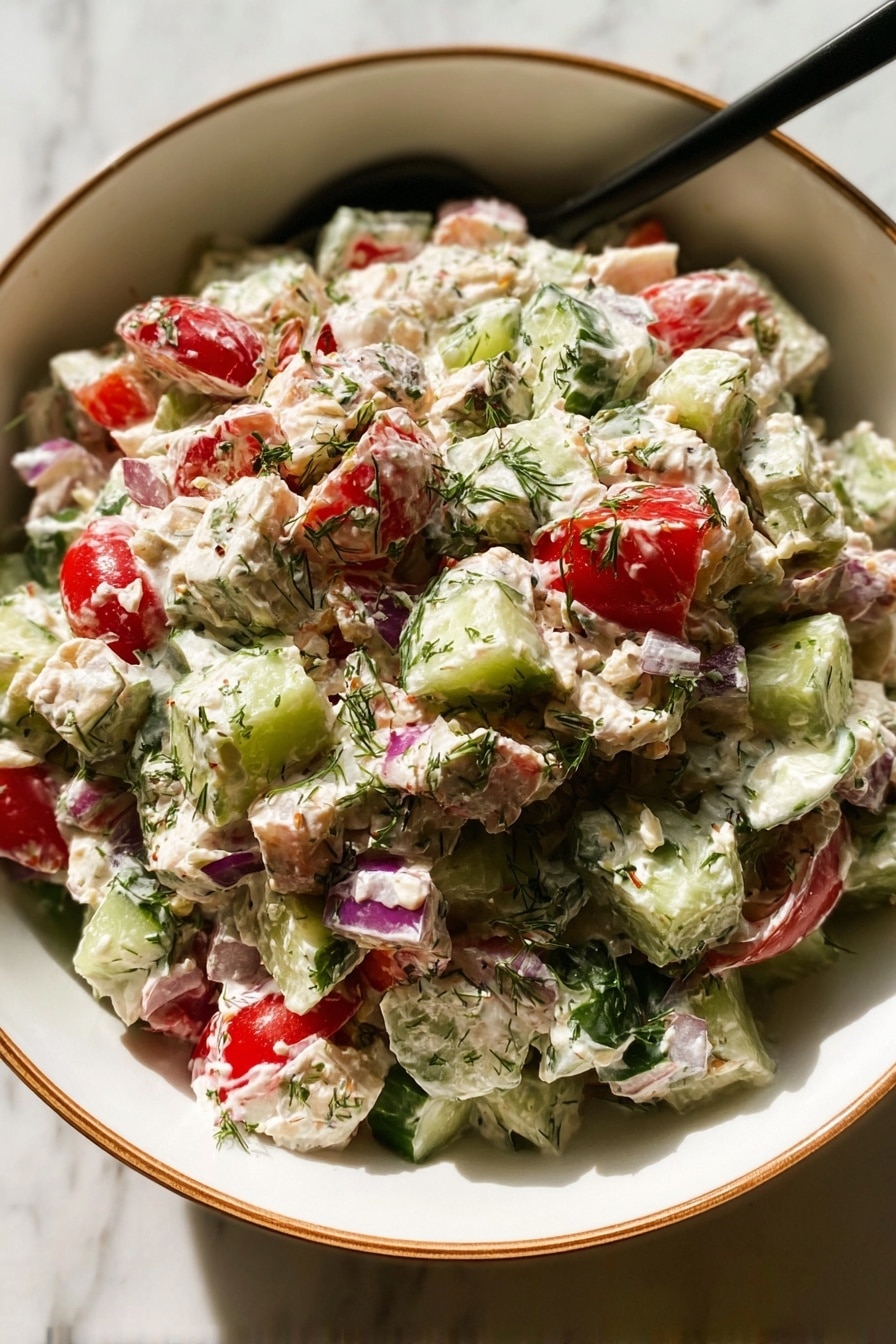 Greek Chicken Salad with Tzatziki Recipe 8 A close-up view of a thick salad in a white bowl with a thin brown rim, filled with creamy white mixed with chunks of light green celery, bright red tomato pieces, dark green cucumber slices, and small bits of purple onion, all mixed together and sprinkled lightly with green herbs, with a black spoon scooping some from the bowl, the whole scene set on a white marbled texture photo taken with an iphone --ar 2:3 --v 7 - Greek Chicken Salad with Tzatziki, Greek chicken salad, healthy Greek salad, easy Greek chicken recipe, Mediterranean chicken salad
