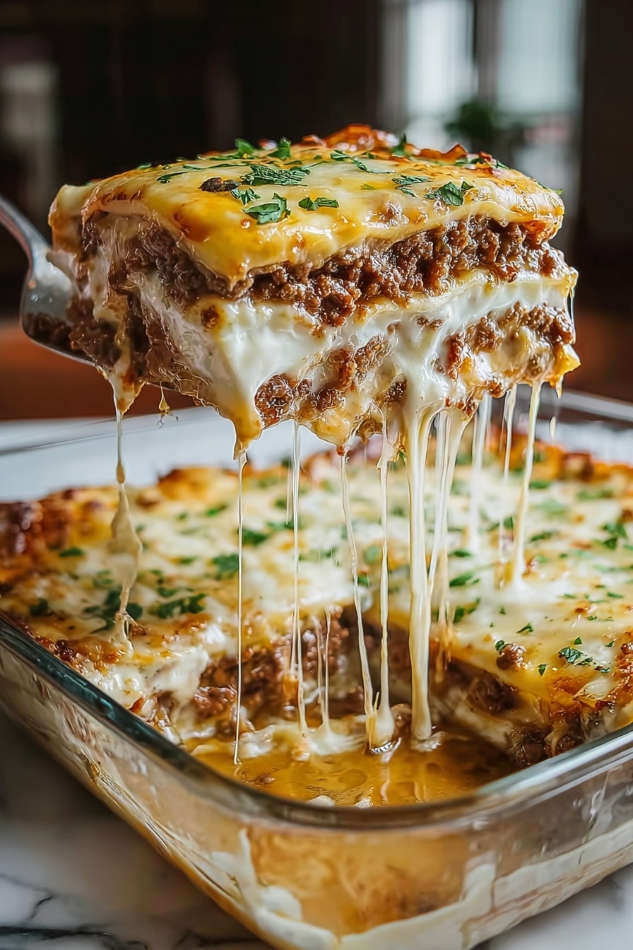 Cheesy Taco Biscuit Casserole Recipe 8 A slice of lasagna being lifted from a clear glass baking dish shows five layers: a golden-yellow melted cheese top with green herb garnish, a thick layer of browned ground meat below, a creamy white layer of sauce beneath the meat, another meat layer, and a final creamy cheese layer at the bottom. The lifted slice stretches melted cheese strings down to the dish where a rich sauce pools around the base. The background is softly blurred, and the dish rests on a white marbled surface. photo taken with an iphone --ar 2:3 --v 7 - Cheesy Taco Biscuit Casserole, easy taco casserole, cheesy beef casserole, flavorful taco bake, hearty biscuit casserole