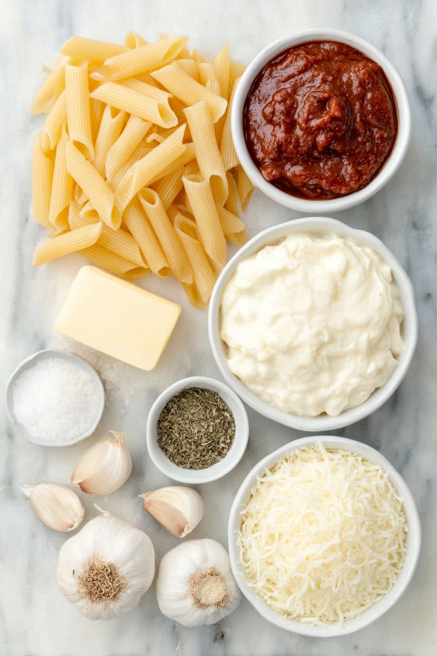 Creamy Tomato Pasta Recipe 7 Flat lay of a small pile of dry uncooked penne pasta, a few whole cloves of fresh garlic with papery skins intact, a small pat of golden butter, a small white bowl of deep red tomato paste, a small white bowl of smooth rich tomato sauce, a small white bowl of thick creamy heavy cream, a small white bowl of mixed Italian dried herbs, a small white bowl of coarse salt crystals, a small white bowl of whole black peppercorns, and a small white bowl filled with finely grated fresh parmesan cheese, all arranged symmetrically on a clean white marble surface, soft natural light, photo taken with an iPhone, professional food photography style, fresh ingredients, white ceramic bowls, no bottles, no duplicates, no utensils, no packaging --ar 2:3 --v 7 --p m7354615311229779997 - Creamy Tomato Pasta, creamy tomato pasta recipe, easy tomato pasta, quick pasta dinner, comforting tomato pasta