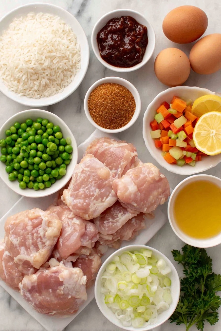 Jerk Chicken and Rice Recipe 7 Flat lay of fresh boneless chicken thighs with a natural pale pink color, a small white ceramic bowl of coarse caramel-colored Delmas poultry seasoning, another small white bowl containing a reddish-brown jerk seasoning powder, a mound of uncooked white basmati rice grains, a handful of bright green peas mixed with small orange carrot cubes on a white ceramic plate, two fresh green onions sliced diagonally, roughly chopped white onions in a small white bowl, a halved lemon showing vibrant yellow flesh with juice droplets, a small white bowl filled with thick deep red tomato paste, two whole brown eggs with smooth clean shells, a small white bowl of clear golden neutral cooking oil, a small white bowl of light amber chicken stock, a mixture of diced green and red bell peppers on a white ceramic plate, fresh bright green parsley leaves arranged neatly on a small white bowl, all arranged in perfect symmetry and balanced proportions, placed on a clean white marble surface, soft natural light, photo taken with an iPhone, professional food photography style, fresh ingredients, white ceramic bowls, no bottles, no duplicates, no utensils, no packaging --ar 2:3 --v 7 --p m7354615311229779997 - Jerk Chicken and Rice, Caribbean jerk chicken, spicy jerk chicken recipe, one-pot jerk chicken and rice, flavorful Caribbean dinner