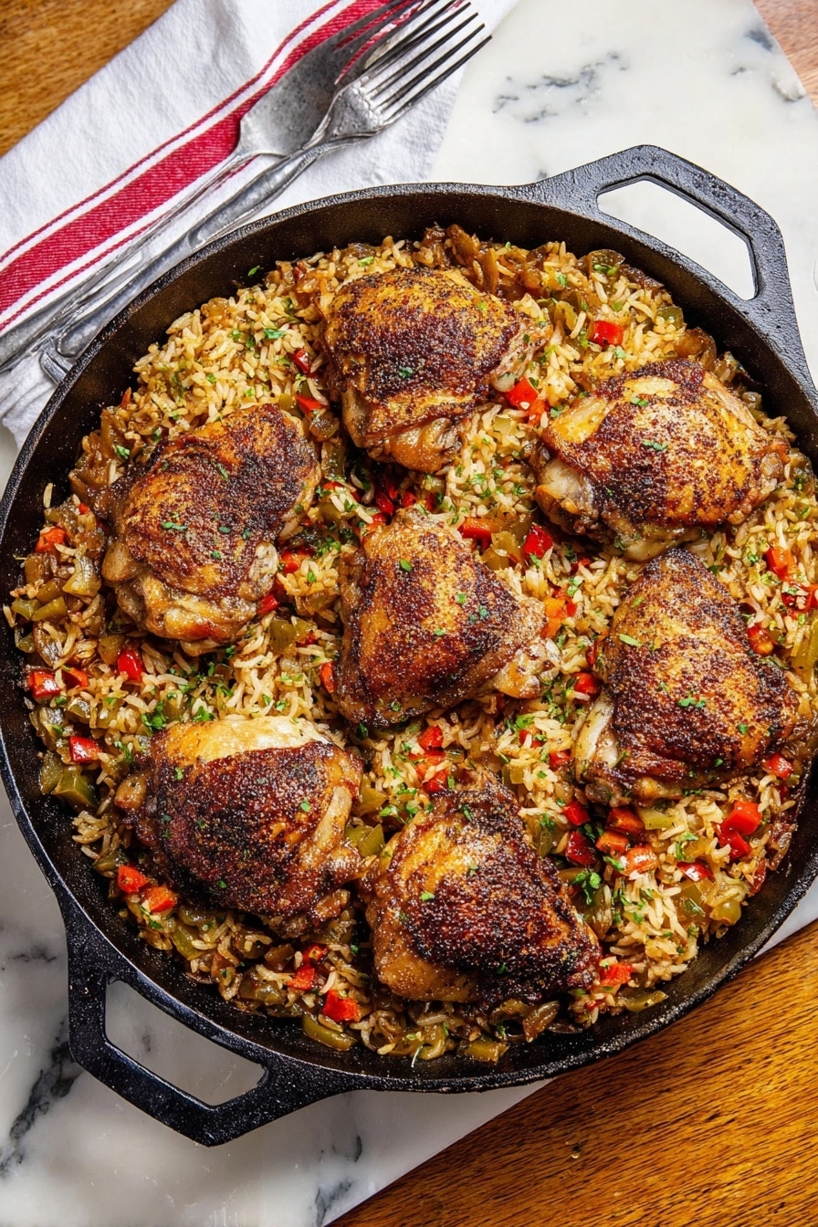 Jerk Chicken and Rice Recipe 8 A cast iron pan filled with cooked rice mixed with small pieces of red and green bell peppers and herbs forms the base layer, showing a slightly crispy texture around the edges. On top of the rice, there are eight pieces of browned and seasoned chicken thighs arranged evenly in a circle around the center. The chicken pieces have a golden to dark brown color with some charring and visible seasoning on the skin. Small bits of red and green peppers are scattered over the rice and chicken, adding splashes of color. The pan sits on a white marbled surface, next to a white cloth with red stripes and a fork nearby. Photo taken with an iphone --ar 2:3 --v 7 - Jerk Chicken and Rice, Caribbean jerk chicken, spicy jerk chicken recipe, one-pot jerk chicken and rice, flavorful Caribbean dinner