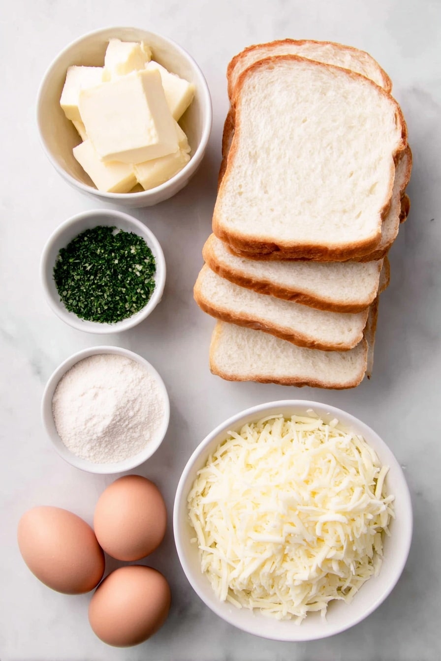 Garlic Bread Grilled Cheese Recipe 7 Flat lay of softened butter in a small white ceramic bowl, a small white ceramic bowl with garlic powder, a small white ceramic bowl with dried parsley, four slices of fresh white bread stacked neatly, a small white ceramic bowl filled with a shredded mozzarella and cheddar cheese blend, two whole uncracked brown eggs arranged symmetrically, placed on a clean white marble surface, soft natural light, photo taken with an iPhone, professional food photography style, fresh ingredients, white ceramic bowls, no bottles, no duplicates, no utensils, no packaging --ar 2:3 --v 7 --p m7354615311229779997 - Garlic Bread Grilled Cheese, garlic bread grilled cheese recipe, cheesy garlic grilled cheese, crispy garlic cheese sandwich, indulgent garlic bread sandwich