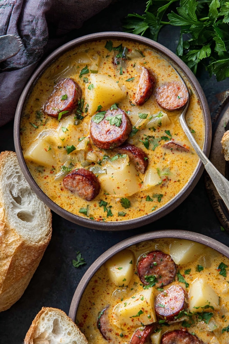 Cajun Potato Soup with Sausage Recipe 6 A white bowl filled with a creamy soup showing three main layers: large chunks of light yellow potatoes, slices of browned sausage with a reddish skin, and small pieces of orange carrot mixed with finely chopped onions. The creamy broth is light orange with small bubbles and oil droplets. The soup is sprinkled with finely chopped green parsley. A silver spoon rests inside the bowl on the right side. The bowl is placed on a dark surface with a purple cloth underneath. Nearby, a piece of crusty white bread is visible on the left edge of the image with some green parsley on the dark surface around. photo taken with an iphone --ar 2:3 --v 7 - Cajun Potato Soup with Sausage, Cajun potato soup, spicy sausage potato soup, hearty Cajun soup, creamy Cajun potato recipes