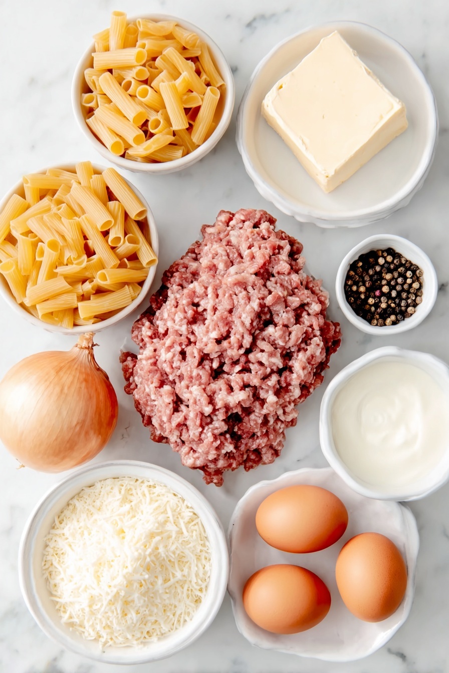 Creamy Beef Pasta Recipe 7 Flat lay of unsalted butter pat, a pile of raw grass-fed ground beef, a large whole shallot with papery skin, dried rigatoni pasta, a small white bowl of chicken broth, a small white bowl of heavy whipping cream, shredded sharp white cheddar cheese mound, freshly grated parmesan cheese heap, whole brown eggs with clean shells, coarse kosher salt crystals, and whole black peppercorns arranged in simple white ceramic bowls and plates, balanced and symmetrical composition, placed on a clean white marble surface, soft natural light, photo taken with an iPhone, professional food photography style, fresh ingredients, white ceramic bowls, no bottles, no duplicates, no utensils, no packaging --ar 2:3 --v 7 --p m7354615311229779997 - Creamy Beef Pasta, easy beef pasta dinner, one-pot beef pasta, quick creamy beef recipe, hearty beef pasta dish