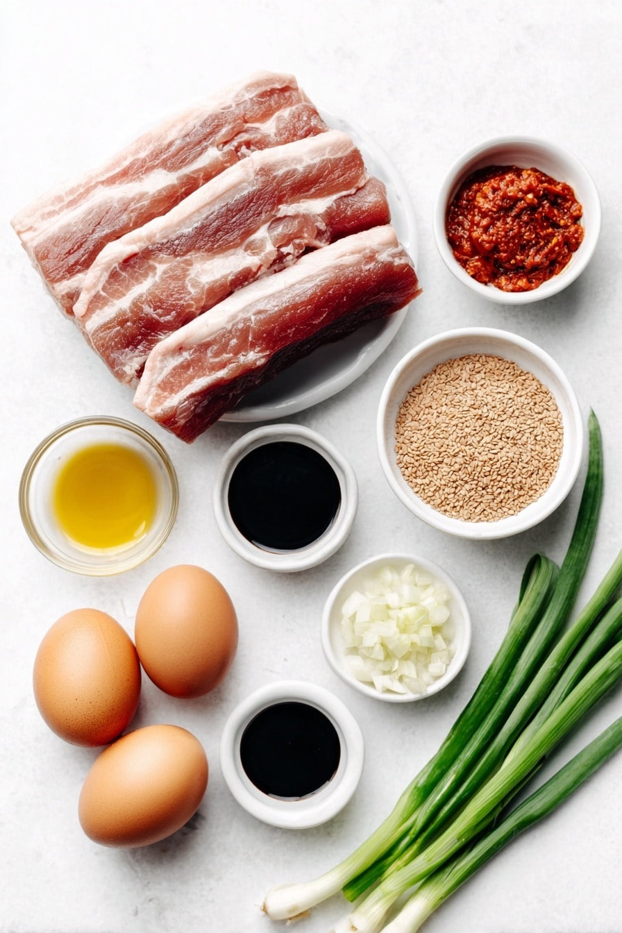 Flat lay of fresh pork belly slices, a small bowl of vibrant red Korean hot pepper paste (gochujang), a small bowl of bright red Korean hot pepper flakes (gochugaru), a small bowl of dark soy sauce, a small bowl of golden toasted sesame oil, a small bowl of glossy honey, a small heap of minced fresh ginger, a few thinly sliced onion halves, four green onion stalks cut into short segments, a scattering of toasted sesame seeds, whole uncracked brown eggs -- none cracked or opened -- all arranged in perfect symmetry on simple white ceramic bowls and plates, placed on a clean white marble surface, soft natural light, photo taken with an iPhone, professional food photography style, fresh ingredients, white ceramic bowls, no bottles, no duplicates, no utensils, no packaging --ar 2:3 --v 7 --p m7354615311229779997 - Crispy Korean Pork Belly, Korean pork belly, Korean crispy pork, spicy Korean pork, Korean BBQ pork