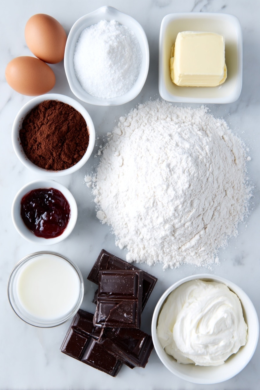 Chocolate Raspberry Cupcakes Recipe 7 Flat lay of a small mound of all-purpose flour, a heap of rich dark Dutch process cocoa powder, a small pile of fine baking powder, a tiny pinch of baking soda, a small pinch of salt, a teaspoon of dark espresso powder, a slab of softened unsalted butter, a mound of granulated white sugar, two whole clean uncracked brown eggs, a small white bowl of clear vanilla extract, a small white bowl of whole milk, a small white bowl of thick sour cream, a handful of chopped semi-sweet chocolate chunks, a small white bowl of heavy cream, a small white bowl of glossy raspberry preserves, a large slab of softened unsalted butter, a tiny pinch of salt, a heap of powdered sugar, a small pile of finely ground freeze-dried raspberries, a small white bowl of more raspberry preserves, and a few fresh bright red raspberries arranged neatly — all placed on simple white ceramic bowls or directly on a clean white marble surface, soft natural light, photo taken with an iPhone, professional food photography style, fresh ingredients, white ceramic bowls, no bottles, no duplicates, no utensils, no packaging --ar 2:3 --v 7 --p m7354615311229779997 - Chocolate Raspberry Cupcakes, chocolate raspberry cupcakes recipe, raspberry-filled chocolate cupcakes, moist chocolate cupcakes with raspberry filling, quick raspberry chocolate cupcakes