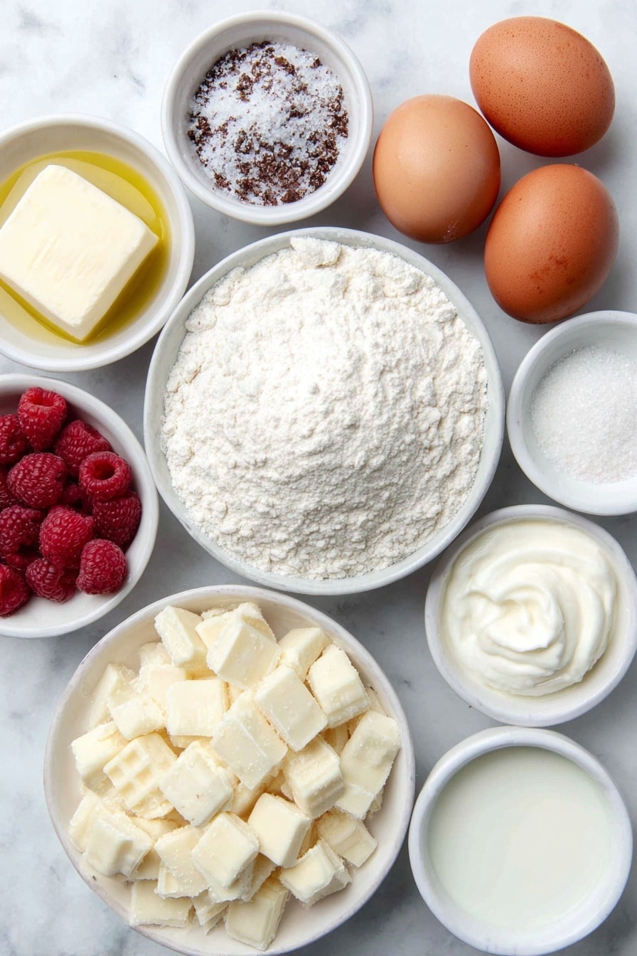 White Chocolate Raspberry Cake Recipe 7 Flat lay of a small mound of all-purpose flour, a teaspoon of baking powder and a pinch of baking soda and salt each scattered neatly, a few tablespoons of softened unsalted butter shaped into a small block, a small white ceramic bowl of golden sunflower oil, a white ceramic bowl filled with granulated sugar, a small white bowl holding clear vanilla extract, three whole clean eggs with smooth shells (one large and two large whites), a small mound of creamy sour cream, a small white bowl of whole milk, a handful of plump fresh red raspberries, a pile of chopped white chocolate chunks, a small white bowl of heavy cream, and a fresh vanilla bean pod placed alongside all ingredients, all arranged symmetrically and placed on a clean white marble surface, soft natural light, photo taken with an iPhone, professional food photography style, fresh ingredients, white ceramic bowls, no bottles, no duplicates, no utensils, no packaging --ar 2:3 --v 7 --p m7354615311229779997 - White Chocolate Raspberry Cake, white chocolate raspberry cake, raspberry cake recipe, elegant cake with raspberry and white chocolate, celebration cake with raspberry