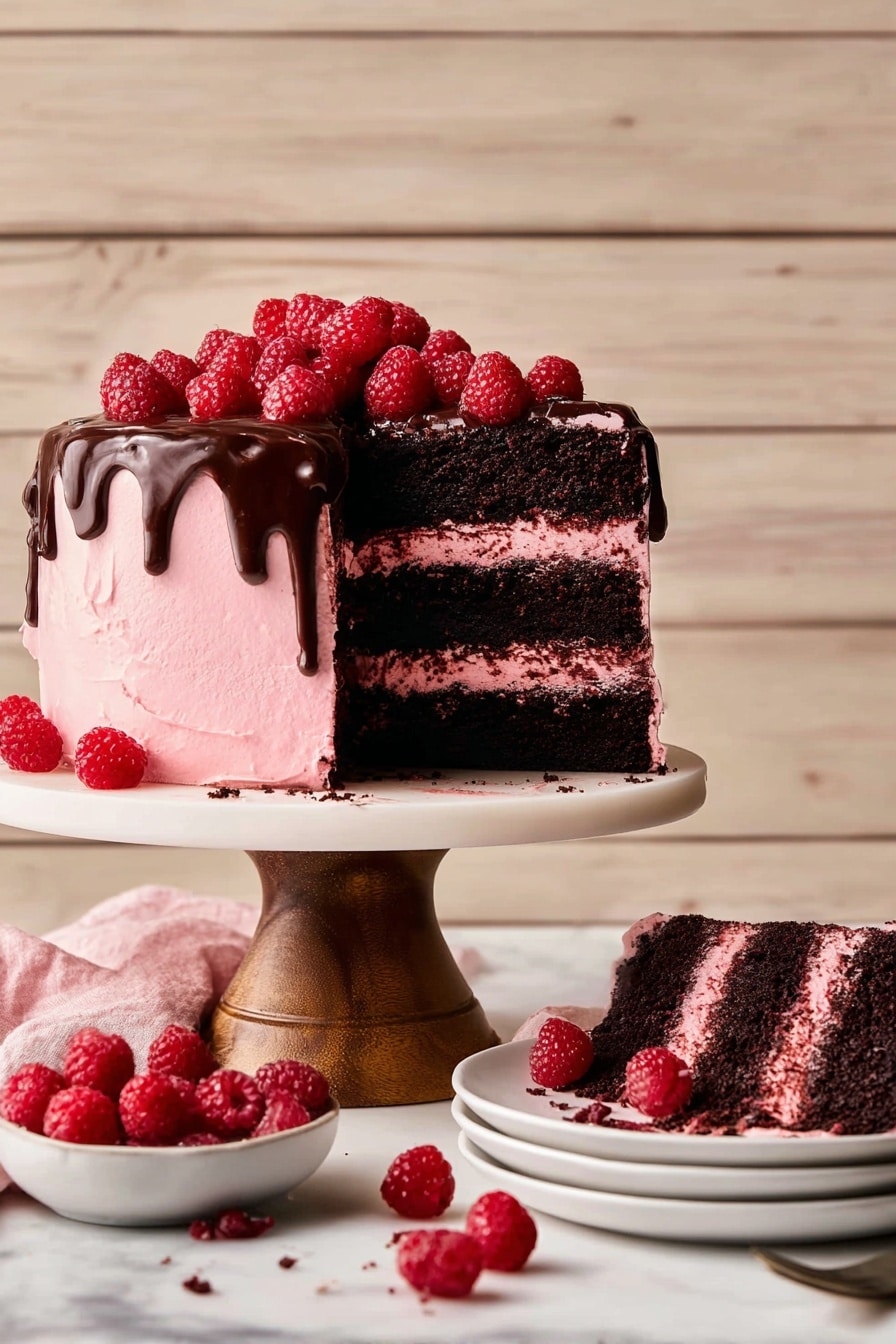 Chocolate Raspberry Cake Recipe 6 The image shows a three-layer dark chocolate cake on a white cake stand with a wooden base, sitting on a white marbled surface. The cake has bright pink frosting between each chocolate layer and outside the cake, with smooth texture and some chocolate dripping down the sides. On top, there is a pile of fresh red raspberries adding bright color and texture. Around the cake stand, there are two slices of the cake on white plates with a few raspberries on the side, and a small bowl filled with raspberries, all set against a rustic wooden background. Photo taken with an iphone --ar 2:3 --v 7 - Chocolate Raspberry Cake, chocolate raspberry dessert, raspberry cake recipe, indulgent chocolate cake, festive berry desserts