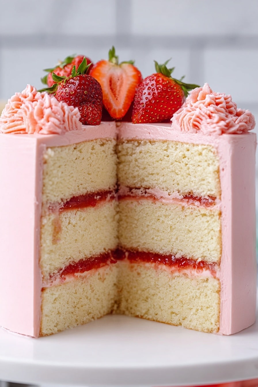 Strawberry Mousse Cake Filling Recipe 8 The image shows a two-layer round cake with golden brown sponge layers. Between the sponge layers, there is a thick layer of smooth pink frosting. On top of the cake, a ring of pink frosting forms a border, inside of which is a shiny red jam layer. A large dollop of fluffy pink frosting is being added on top, held by a woman's hand out of the frame. The cake sits on a white cake stand with a white marbled surface in the background. Photo taken with an iphone --ar 2:3 --v 7 - Strawberry Mousse Cake Filling, strawberry mousse recipe, cake filling with strawberries, easy strawberry mousse, homemade cake filling