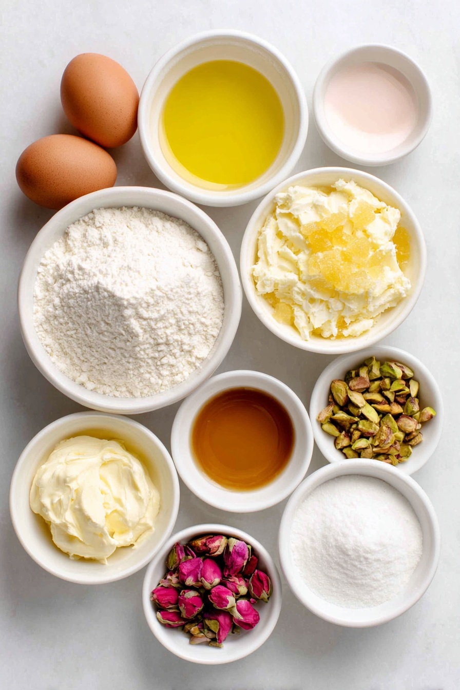 Persian Love Cake with Rose and Cardamom Recipe 7 Flat lay of a small white ceramic bowl filled with granulated sugar, a small heap of fresh lemon zest, two whole brown eggs with clean shells, a small white bowl of clear vegetable oil, a small white bowl of pale pink rose water, a small white bowl of light golden vanilla extract, a neat pile of all-purpose flour, a small mound of fine almond flour, a small heap of ground cardamom, a small heap of baking powder, a small heap of fine salt crystals, a small white bowl of powdered sugar, a small white bowl of whole milk, a small white bowl of chopped green pistachios, a small pile of fresh vibrant pink rose petals, a small pile of golden candied ginger pieces all arranged in perfect symmetry on a clean white marble surface, soft natural light, photo taken with an iPhone, professional food photography style, fresh ingredients, white ceramic bowls, no bottles, no duplicates, no utensils, no packaging --ar 2:3 --v 7 --p m7354615311229779997 - Persian Love Cake with Rose and Cardamom, floral Persian cake recipes, fragrant rose and cardamom cake, Middle Eastern dessert recipes, special occasion Persian cake