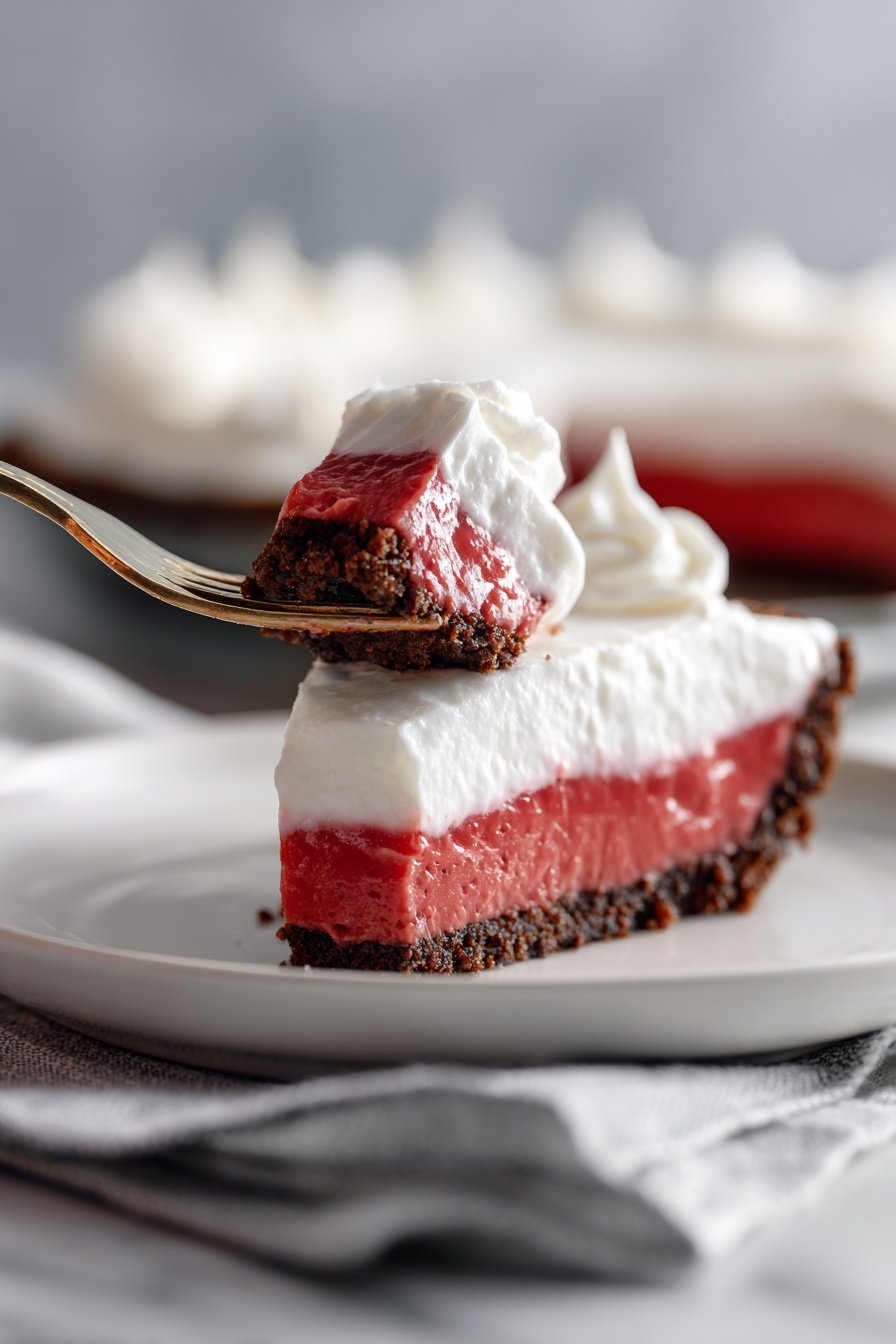 No-Bake Red Velvet Cheesecake Recipe 8 A heart-shaped dessert with three layers on a black plate over a white marbled surface; the bottom layer is dark brown, crumbly chocolate crust, the middle layer is thick and smooth red velvet filling, and the top layer is soft, fluffy white cream. A gold fork is gently cutting into the cream layer from the right side. The background is blurred dark with soft lighting. Photo taken with an iphone --ar 2:3 --v 7 - No-Bake Red Velvet Cheesecake, red velvet cheesecake without baking, no bake cheesecake recipes, easy red velvet dessert, chilled cheesecake recipes