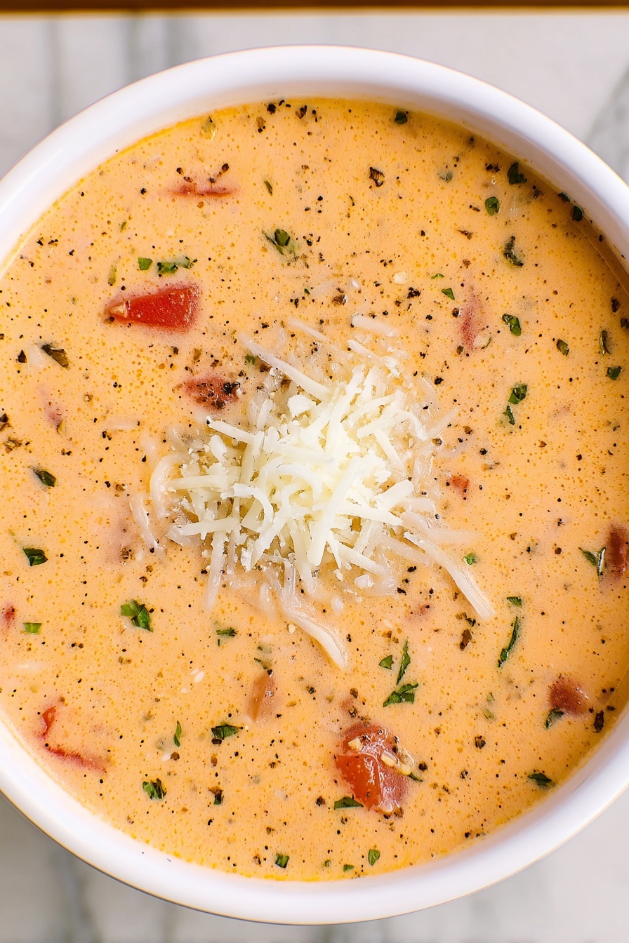 Tomato Basil Parmesan Soup Recipe 8 A white bowl filled with creamy light orange soup that has visible small red tomato pieces and green herbs scattered throughout. The soup has a smooth but slightly thick texture with specks of black pepper on the surface. In the center, there is a small pile of shredded white cheese. The bowl sits on a white marbled surface. photo taken with an iphone --ar 2:3 --v 7 - Tomato Basil Parmesan Soup, creamy tomato basil soup, easy tomato basil soup recipe, homemade tomato basil soup, comforting Italian soup