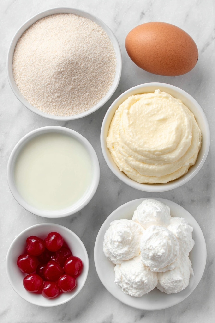 Shamrock Mint Pudding Shots Recipe 7 Flat lay of a small white ceramic bowl of pale vanilla instant pudding powder, a simple white ceramic bowl filled with fresh whole milk, a small white ceramic bowl holding smooth pale green Baileys Vanilla Mint liqueur, a neat mound of thawed Cool Whip on a white ceramic plate, a whole uncracked brown egg with a clean shell (to represent whipping cream ingredient freshness), a small white ceramic bowl of dollops of fresh whipped cream, and a few bright red maraschino cherries arranged symmetrically, all placed on a clean white marble surface, soft natural light, photo taken with an iPhone, professional food photography style, fresh ingredients, white ceramic bowls, no bottles, no duplicates, no utensils, no packaging --ar 2:3 --v 7 --p m7354615311229779997 - Shamrock Mint Pudding Shots, mint pudding shots, St. Patrick's Day dessert, boozy pudding shots, easy party desserts