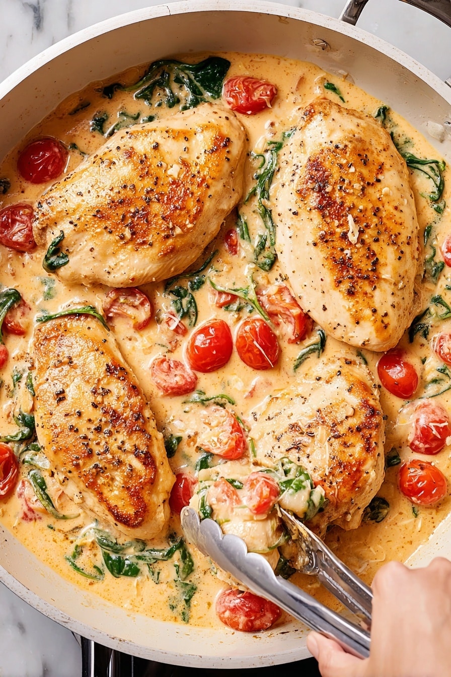 Creamy Tuscan Chicken with Spinach Recipe 6 The image shows four cooked chicken pieces with a golden brown, slightly crispy top layer in a creamy sauce. The sauce is light orange with floating halved red cherry tomatoes and green leafy spinach scattered throughout. The chicken pieces sit on top of the sauce in a white pan. A woman's hand holding metal tongs is lifting one piece of chicken from the bottom left side of the pan. The background is a white marbled surface. photo taken with an iphone --ar 2:3 --v 7 - Creamy Tuscan Chicken with Spinach, Creamy Tuscan Chicken, Chicken with Spinach and Cream Sauce, Easy Tuscan Chicken Meal, Gourmet Chicken Dinner