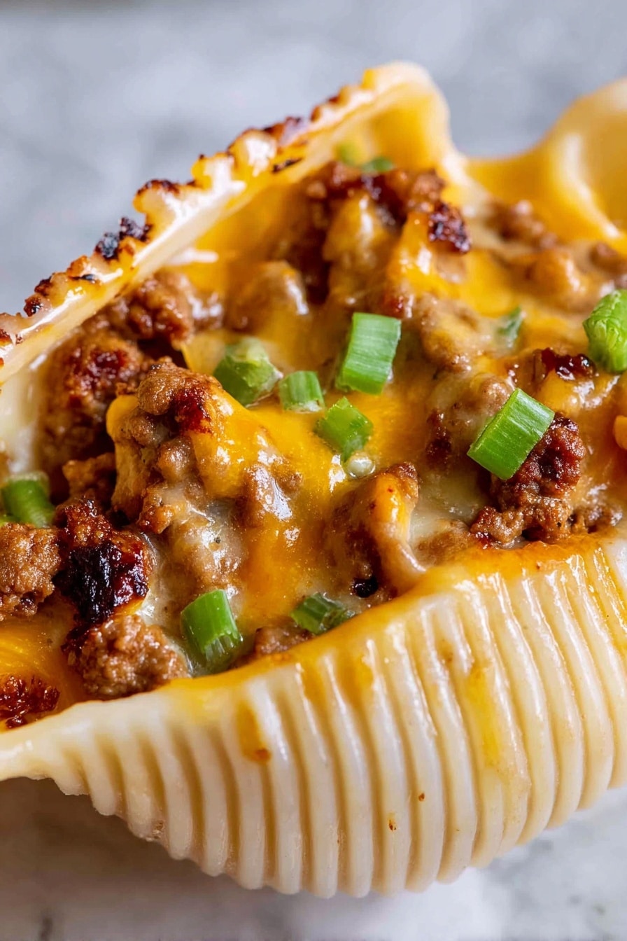 Philly Cheesesteak Stuffed Pasta Shells Recipe 6 The image shows a close-up of a large seashell pasta stuffed with three main layers. The outer layer is the shell, which is creamy beige and ridged with a smooth, slightly shiny texture. Inside, the first filling layer is browned, crumbled meat with a crispy texture and dark charred spots. The second layer is melted orange cheddar cheese spread unevenly over the meat, looking thick and creamy. Scattered within the filling are small pieces of bright green diced vegetables, adding a fresh color contrast. The background and surface are white with a soft marbled texture. Photo taken with an iphone --ar 2:3 --v 7 - Philly Cheesesteak Stuffed Pasta Shells, Philly Cheesesteak Stuffed Pasta, Philly Cheesesteak Pasta Shells, cheesesteak stuffed pasta, stuffed pasta recipes