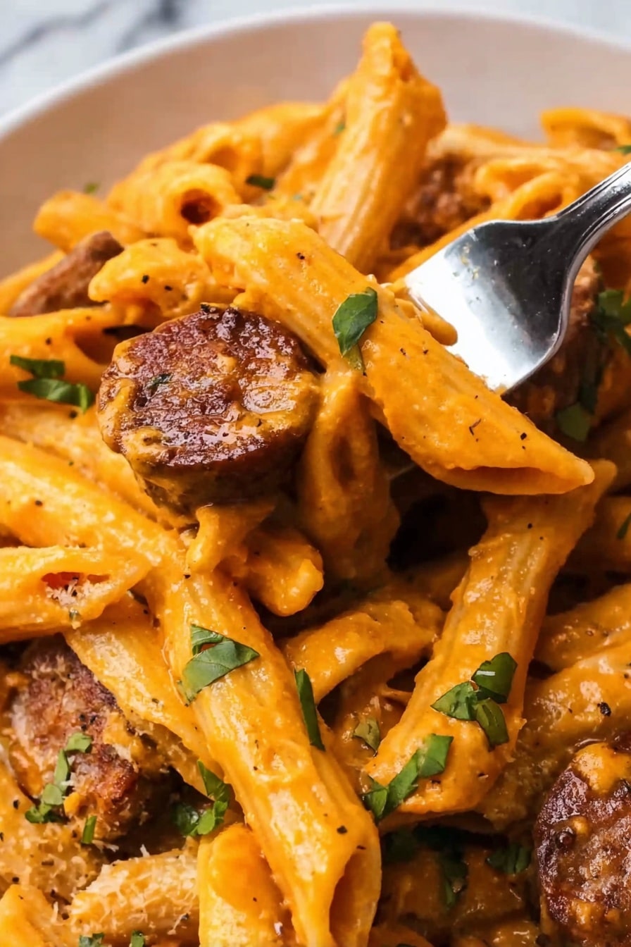 Creamy Cajun Sausage Pasta Recipe 6 The image shows penne pasta covered in a creamy orange sauce with visible herbs. There are chunks of browned sausage mixed throughout, adding texture and a darker color to the dish. Small green parsley pieces are scattered on top for freshness. A fork holds a bite of pasta and a piece of sausage above a white plate, which has some sauce spread at the bottom. The background is a white marbled surface. photo taken with an iphone --ar 2:3 --v 7 - Creamy Cajun Sausage Pasta, Cajun sausage pasta, easy Cajun pasta recipe, quick sausage pasta, spicy creamy pasta