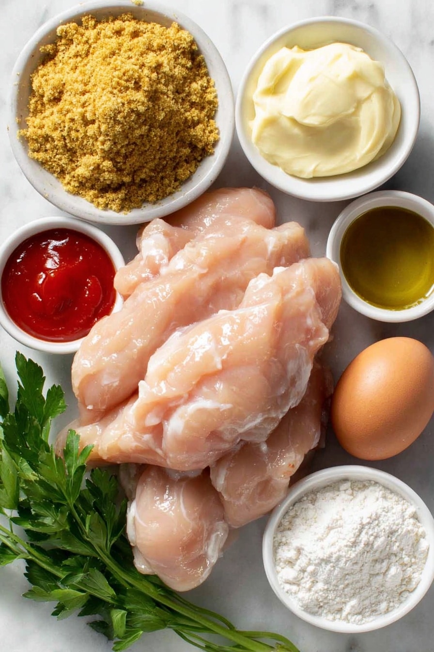 Flat lay of a small mound of golden panko breadcrumbs, a cluster of fresh boneless skinless chicken tenderloins, a whole uncracked brown egg, a small white ceramic bowl with pale yellow creamy mayonnaise, a small white ceramic bowl filled with bright red Thai sweet chili sauce, a small white ceramic bowl of golden honey, a small white ceramic bowl with vibrant red Sriracha sauce, a small white ceramic bowl of thick white buttermilk, a small white ceramic bowl of fine white all-purpose flour, a small white ceramic bowl of white cornstarch, a few fresh green parsley sprigs, and a small white ceramic bowl containing a warm brown blend of garlic powder, kosher salt, black pepper, and cayenne pepper mixed together, placed on a clean white marble surface, soft natural light, photo taken with an iPhone, professional food photography style, fresh ingredients, white ceramic bowls, no bottles, no duplicates, no utensils, no packaging --ar 2:3 --v 7 --p m7354615311229779997 - Bang Bang Chicken with Spicy Sauce, crispy chicken with spicy sauce, easy spicy chicken recipe, homemade Bang Bang Chicken, flavorful chicken dishes