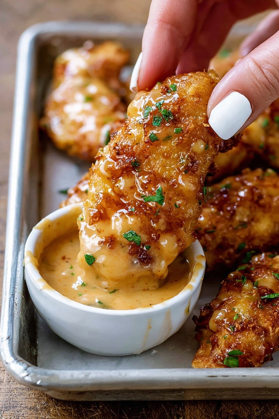 A close-up image shows a golden-brown crispy chicken tender covered in a shiny, light orange sauce with small green herb bits. The tender has a bumpy, crunchy texture and is being held by a woman's hand with white-painted nails. The chicken is partially dipped into a small white cup filled with the same creamy sauce. The background shows a metal tray holding several similar chicken tenders, all coated with sauce, resting on a white marbled surface. Photo taken with an iphone --ar 2:3 --v 7 - Bang Bang Chicken with Spicy Sauce, crispy chicken with spicy sauce, easy spicy chicken recipe, homemade Bang Bang Chicken, flavorful chicken dishes
