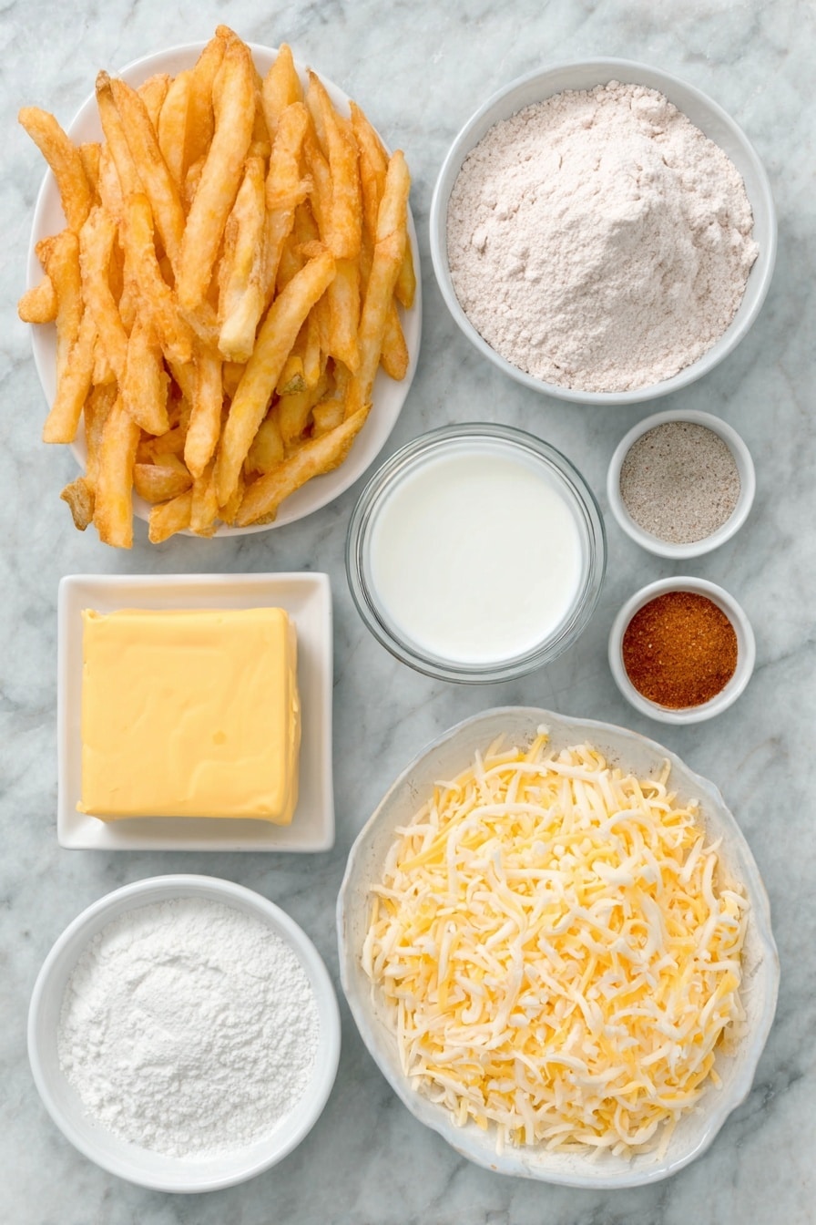 Voodoo Cheese Fries Recipe 7 Flat lay of golden frozen French fries arranged beside a small square of creamy yellow butter, a small mound of fine white all-purpose flour, a small white bowl with fresh whole milk, a small white bowl with coarse white salt, a small white bowl of finely ground white pepper, a small white bowl holding pale ranch seasoning powder, a small white bowl containing bright red cayenne powder, and a neat pile of shredded white cheddar cheese, all placed on a clean white marble surface, soft natural light, photo taken with an iPhone, professional food photography style, fresh ingredients, white ceramic bowls, no bottles, no duplicates, no utensils, no packaging --ar 2:3 --v 7 --p m7354615311229779997 - Voodoo Cheese Fries, cheesy loaded fries, spicy cheese fries, crispy cheese fries, game day snack