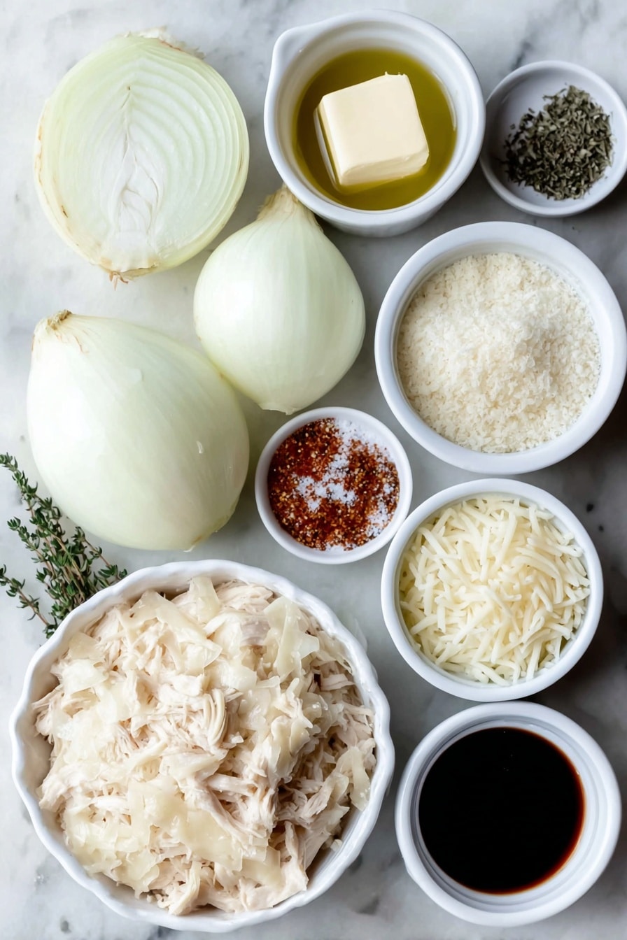 French Onion Chicken Orzo Bake Recipe 7 Flat lay of a small mound of uncooked orzo pasta, two large whole yellow onions with golden skins, three uncracked brown garlic bulbs with fresh cloves visible nearby, a small chunk of unsalted butter, a few fresh sprigs of thyme, a small pile of shredded cooked chicken breast, a small white ceramic bowl with grated Parmesan cheese, another small white bowl filled with shredded mozzarella cheese, a small white bowl containing golden olive oil, a small white bowl with thick heavy cream, a small white bowl filled with clear low-sodium chicken broth, a small white bowl with granulated white sugar, a small white bowl with coarse salt, and a small white bowl with cracked black peppercorns placed on a clean white marble surface, soft natural light, photo taken with an iPhone, professional food photography style, fresh ingredients, white ceramic bowls, no bottles, no duplicates, no utensils, no packaging --ar 2:3 --v 7 --p m7354615311229779997 - French Onion Chicken Orzo Bake, French Onion Chicken Casserole, Easy Chicken Orzo Recipes, Comforting Baked Chicken Dishes, cheesy onion chicken casserole