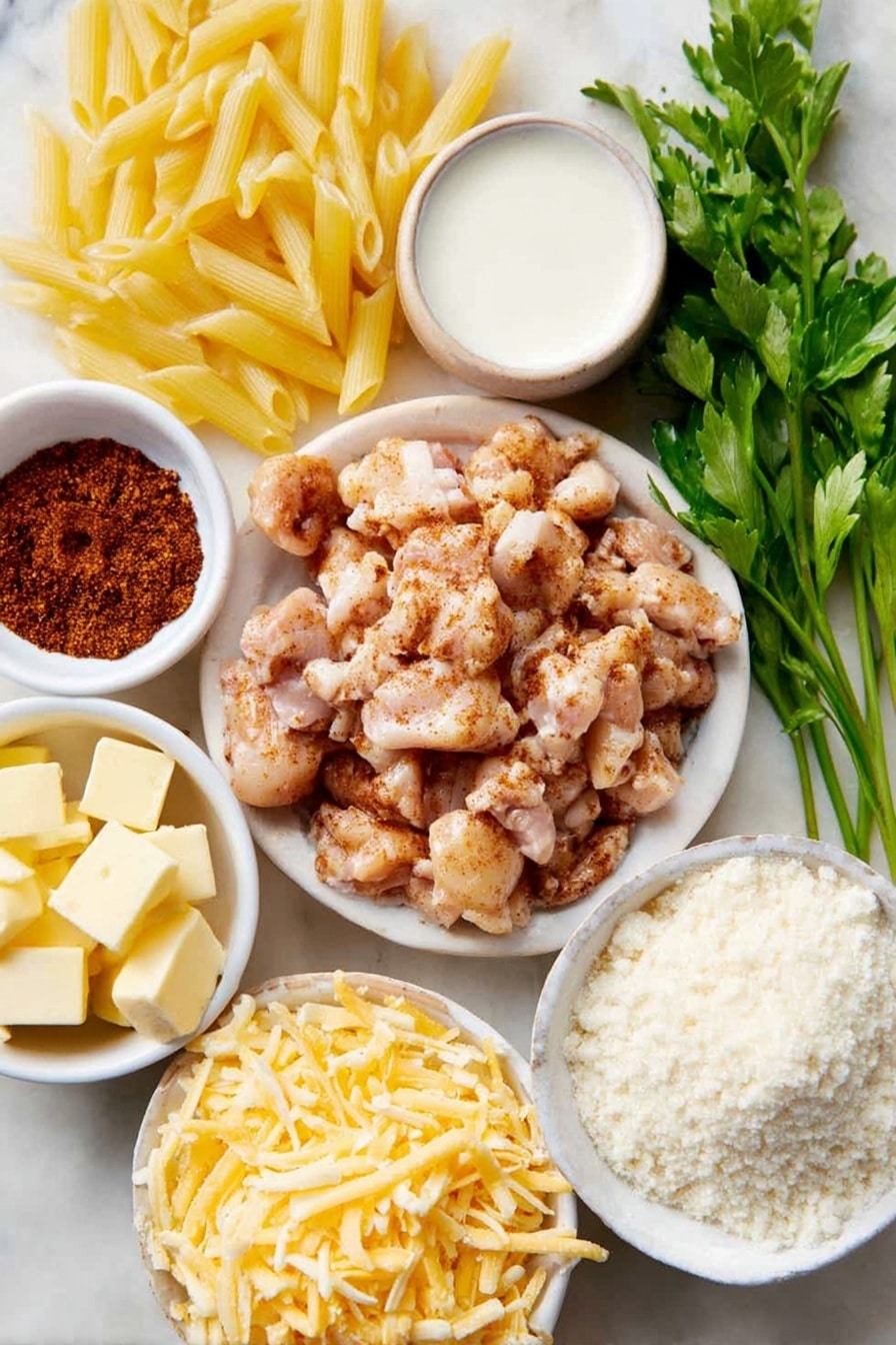 Cajun Chicken Pasta Bake Recipe 7 Flat lay of penne pasta scattered in a small pile beside a few boneless skinless chicken thighs cut into bite-sized pieces, a small white bowl of extra virgin olive oil, a small white bowl filled with reddish-brown Cajun seasoning powder, a half cup mound of shredded sharp cheddar cheese, a few fresh parsley sprigs, a small white bowl with pale yellow butter cubes, a small white bowl of white flour, a small white bowl heaped with grated parmesan cheese, another small white bowl of shredded cheddar cheese, and a small white bowl filled with fresh whole milk, all arranged symmetrically around the center, placed on a clean white marble surface, soft natural light, photo taken with an iPhone, professional food photography style, fresh ingredients, white ceramic bowls, no bottles, no duplicates, no utensils, no packaging --ar 2:3 --v 7 --p m7354615311229779997 - Cajun Chicken Pasta Bake, Cajun Chicken Pasta, easy Cajun pasta recipes, creamy Cajun pasta, spicy chicken pasta bake