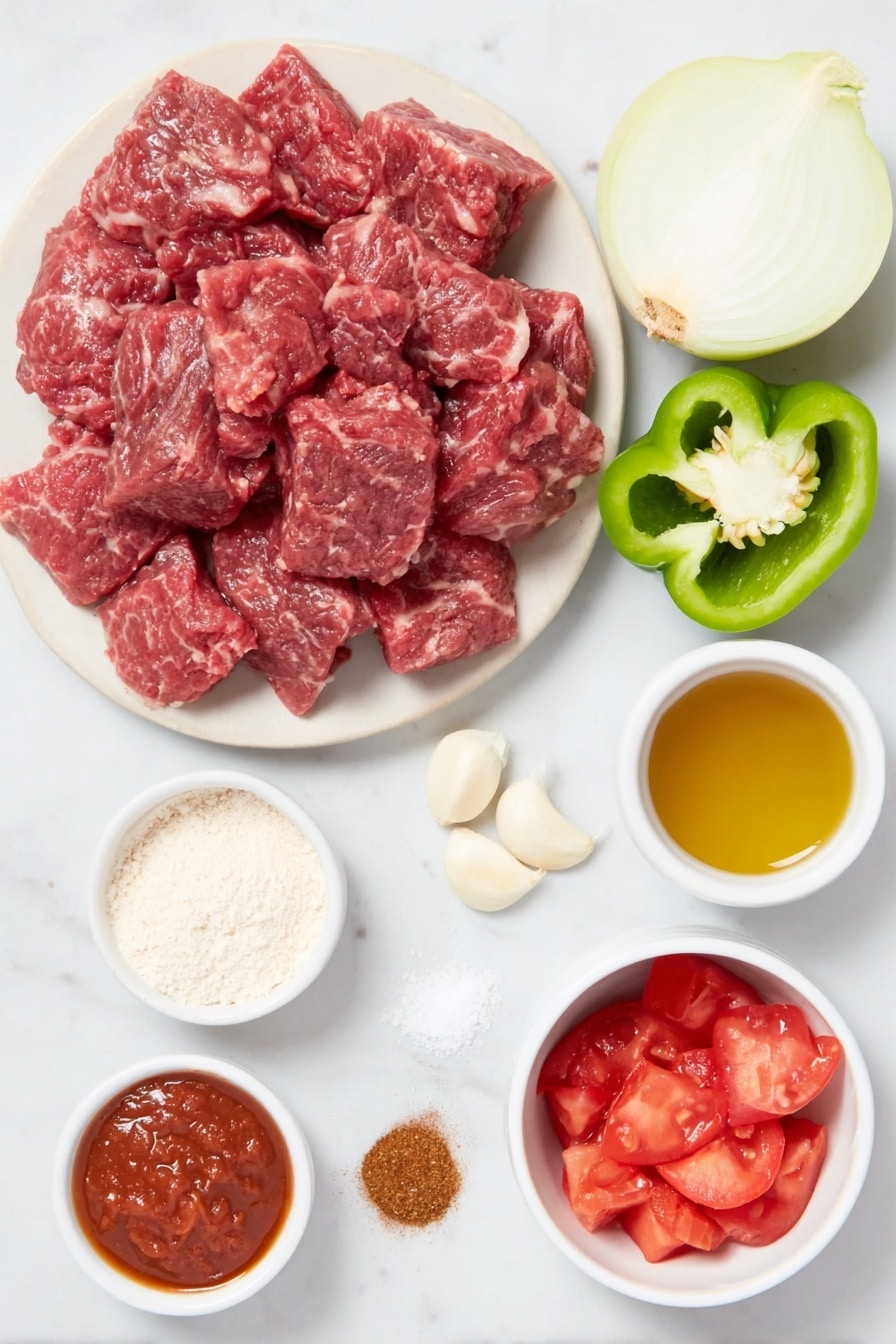 Delicious Beef Carne Guisada Recipe 7 Flat lay of two pounds of cubed chuck steak with rich red marbling, a large white onion halved to show its fresh layers, one vibrant green bell pepper sliced to reveal its seeds, three peeled garlic cloves, a small white ceramic bowl filled with deep red tomato paste, two ripe red tomatoes diced to show juicy flesh, a small white bowl of light beige all-purpose flour powder, a small white bowl with golden cooking oil, a small white bowl of dark brown beef broth, and small piles of coarse salt, black peppercorns, ground cumin, and chili powder arranged neatly on a simple white ceramic plate, all placed on a clean white marble surface, soft natural light, photo taken with an iPhone, professional food photography style, fresh ingredients, white ceramic bowls, no bottles, no duplicates, no utensils, no packaging --ar 2:3 --v 7 --p m7354615311229779997 - Beef Carne Guisada, Beef Carne Guisada recipe, Mexican beef stew, hearty beef stew, easy carne guisada
