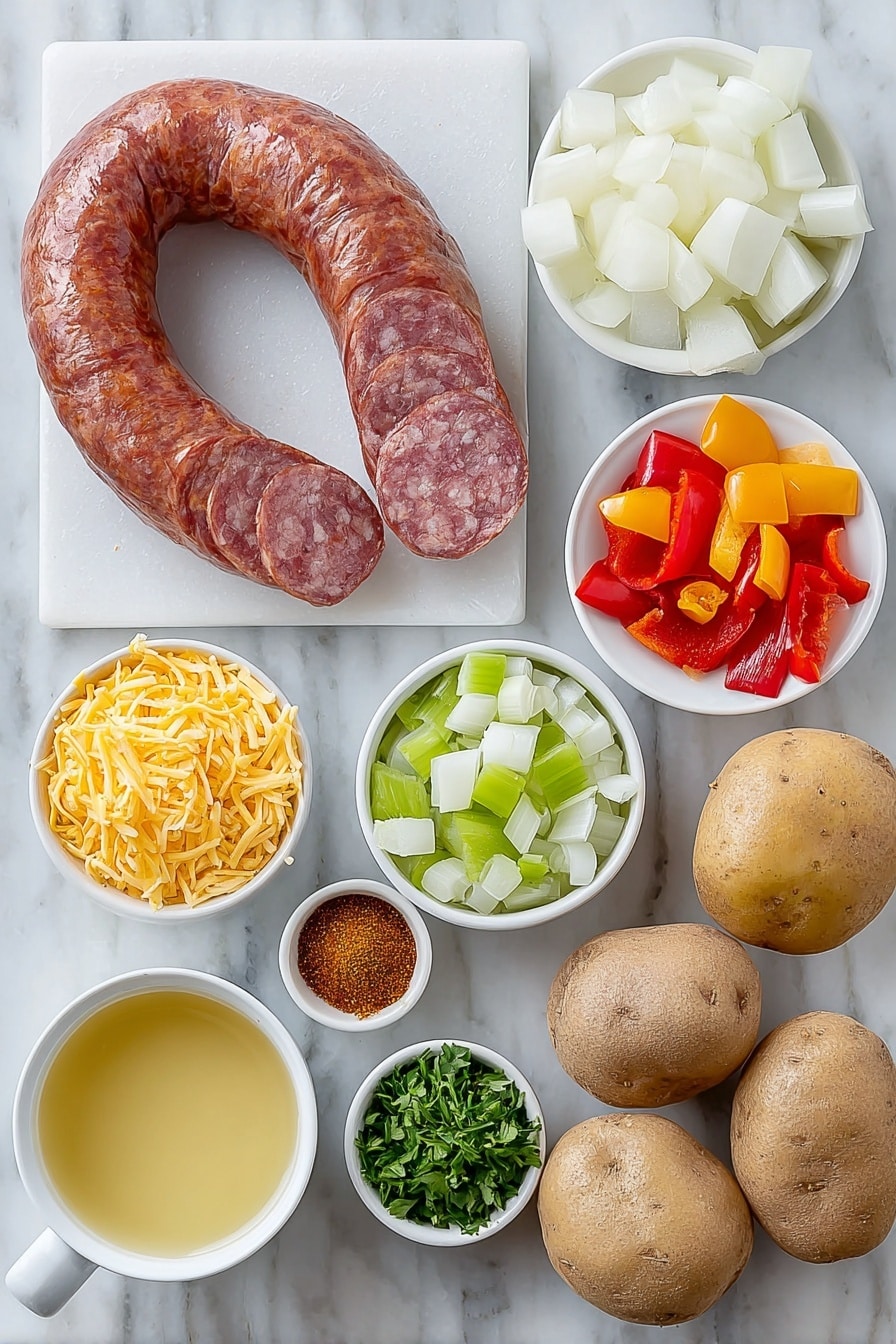 Cajun Potato Soup with Sausage Recipe 7 Flat lay of a small white ceramic bowl of sliced andouille sausage rounds, a small white ceramic bowl of golden vegetable oil, a large diced yellow onion on white ceramic plate, diced celery stalk pieces on a simple white ceramic dish, diced half red bell pepper on a white ceramic plate, minced garlic in a small white ceramic bowl, a small white ceramic bowl of mixed Cajun spices with paprika and cayenne, four peeled and cubed russet potatoes arranged neatly on white ceramic plate, a small white ceramic bowl of chicken broth, a small white ceramic bowl of heavy whipping cream, a small white ceramic bowl of shredded mild cheddar cheese, a few fresh parsley sprigs laid on white ceramic plate, all placed on a clean white marble surface, soft natural light, photo taken with an iPhone, professional food photography style, fresh ingredients, white ceramic bowls, no bottles, no duplicates, no utensils, no packaging --ar 2:3 --v 7 --p m7354615311229779997 - Cajun Potato Soup with Sausage, Cajun potato soup, spicy sausage potato soup, hearty Cajun soup, creamy Cajun potato recipes