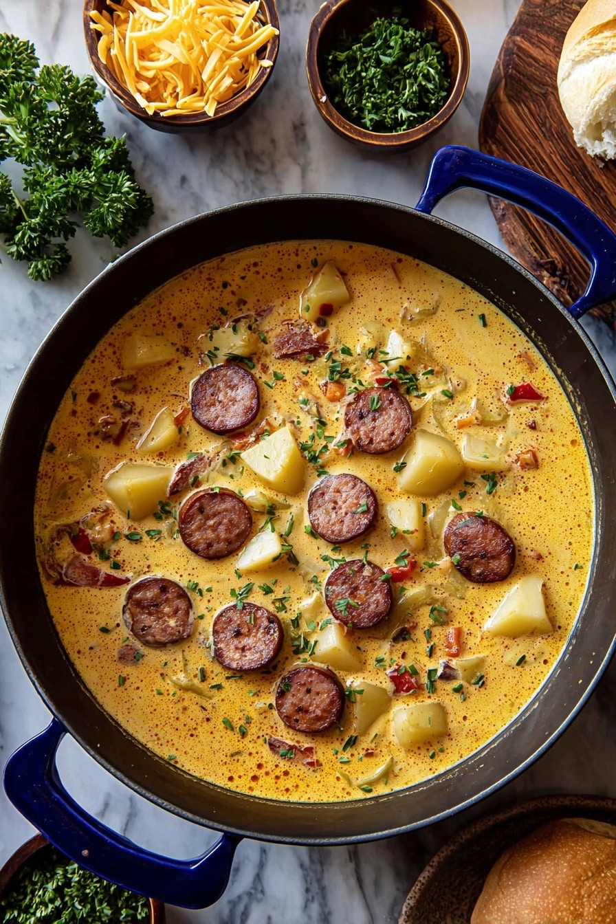 Cajun Potato Soup with Sausage Recipe 8 A large dark blue pot filled with a creamy orange soup that has sliced sausage rounds with brown edges and light brown centers floating around. There are chunky light yellow potato pieces scattered evenly throughout the soup, along with small bits of red pepper and onion. Some green herbs sprinkled on top add a fresh touch. The pot is placed on a surface with a white marbled texture. Nearby are fresh green parsley and a small wooden bowl holding shredded yellow cheese. A round bread roll sits off to the side on a white plate with a woman’s hand reaching toward it. photo taken with an iphone --ar 2:3 --v 7 - Cajun Potato Soup with Sausage, Cajun potato soup, spicy sausage potato soup, hearty Cajun soup, creamy Cajun potato recipes