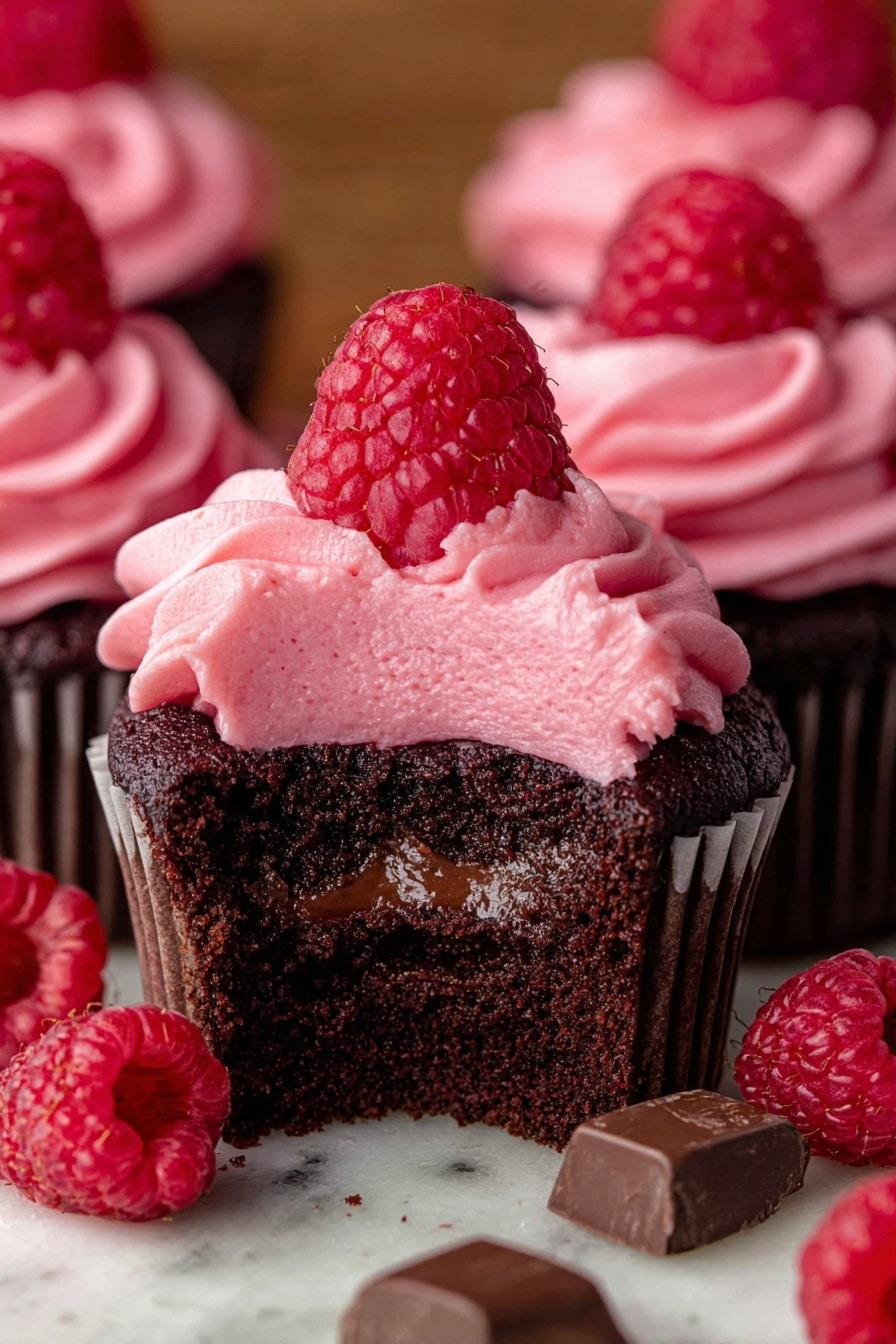Chocolate Raspberry Cupcakes Recipe 8 The image shows a dark brown chocolate cupcake with three clear layers: the base is moist chocolate cake, the middle is a shiny, smooth chocolate filling, and the top is a thick swirl of bright pink raspberry frosting. Each cupcake is topped with a fresh, red raspberry sitting on the pink frosting. Around the cupcakes, there are a few loose raspberries and small pieces of chocolate on a white marbled surface. Photo taken with an iphone --ar 2:3 --v 7 - Chocolate Raspberry Cupcakes, chocolate raspberry cupcakes recipe, raspberry-filled chocolate cupcakes, moist chocolate cupcakes with raspberry filling, quick raspberry chocolate cupcakes