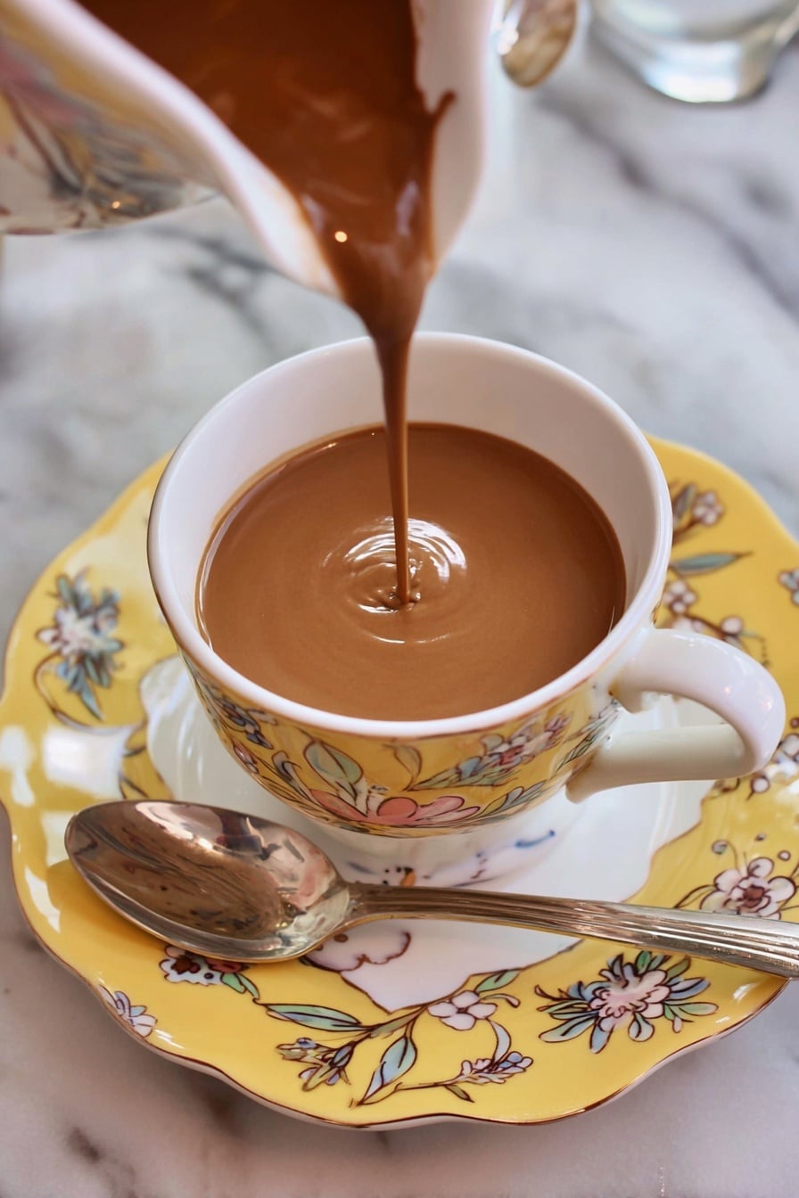 French Hot Chocolate Recipe 6 A cup with a colorful design on the outside is filled with smooth brown liquid as it is being poured from above, creating a small ripple in the center. The cup sits on a white plate with matching yellow and floral patterns, and a silver spoon rests beside it on the plate. The whole setup is placed on a white marbled surface. Photo taken with an iphone --ar 2:3 --v 7 - French Hot Chocolate, decadent hot chocolate, velvety hot chocolate, rich chocolate drink, French hot chocolate recipe