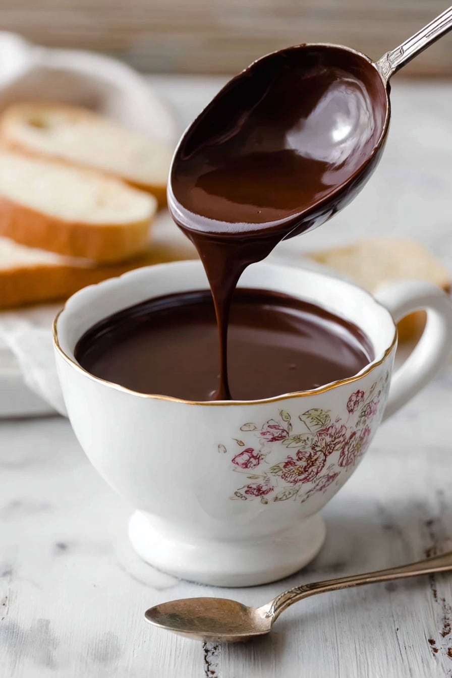 Rich Italian Hot Chocolate Recipe 6 A white bowl with a floral pattern holds smooth dark brown chocolate sauce. A metal ladle with long handle is pouring thick chocolate sauce into the bowl, with a drip hanging from its edge. Next to the bowl is a small silver spoon with a detailed handle. In the background, a beige bread slice is partially visible on a white marbled surface photo taken with an iphone --ar 2:3 --v 7 - Rich Italian Hot Chocolate, Italian hot chocolate, decadent hot chocolate, thick creamy hot chocolate, indulgent hot cocoa