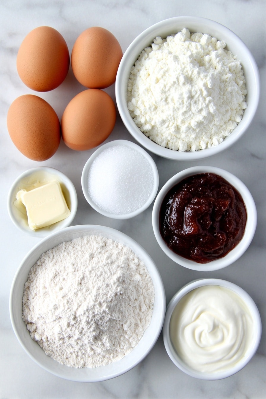 Almond Raspberry Cupcake Recipe 7 Flat lay of three whole uncracked brown eggs with clean shells, a small white ceramic bowl of pale buttermilk, a small white ceramic bowl with softened unsalted butter, a small white ceramic bowl of granulated sugar, a white ceramic plate with a neat mound of cake flour, a small white ceramic bowl containing baking powder, a pinch of kosher salt arranged as fine grains on the surface, a small white ceramic bowl of almond extract, a small white ceramic bowl with heavy cream, a small white ceramic bowl of powdered sugar, and a small white ceramic bowl filled with vibrant red raspberry preserves, all placed with perfect symmetry on a clean white marble surface, soft natural light, photo taken with an iPhone, professional food photography style, fresh ingredients, white ceramic bowls, no bottles, no duplicates, no utensils, no packaging --ar 2:3 --v 7 --p m7354615311229779997 - Almond Raspberry Cupcake, almond raspberry cupcakes, raspberry filled cupcakes, elegant cupcake recipes, fruity almond desserts