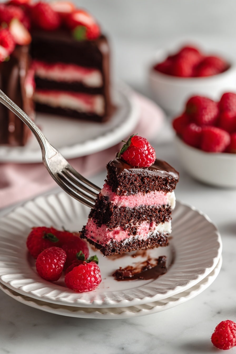 Chocolate Raspberry Cake Recipe 8 A round cake with three visible layers sits on a white cake stand with a wooden base, placed on a white marbled surface. The bottom layer is dark brown, the middle and top layers are covered with smooth pink frosting that has tiny red specks. On top of the cake, a dark chocolate glaze drips down the sides in uneven thick streaks. A pile of fresh bright red raspberries covers the top surface of the cake, adding a fresh pop of color. Photo taken with an iphone --ar 2:3 --v 7 - Chocolate Raspberry Cake, chocolate raspberry dessert, raspberry cake recipe, indulgent chocolate cake, festive berry desserts
