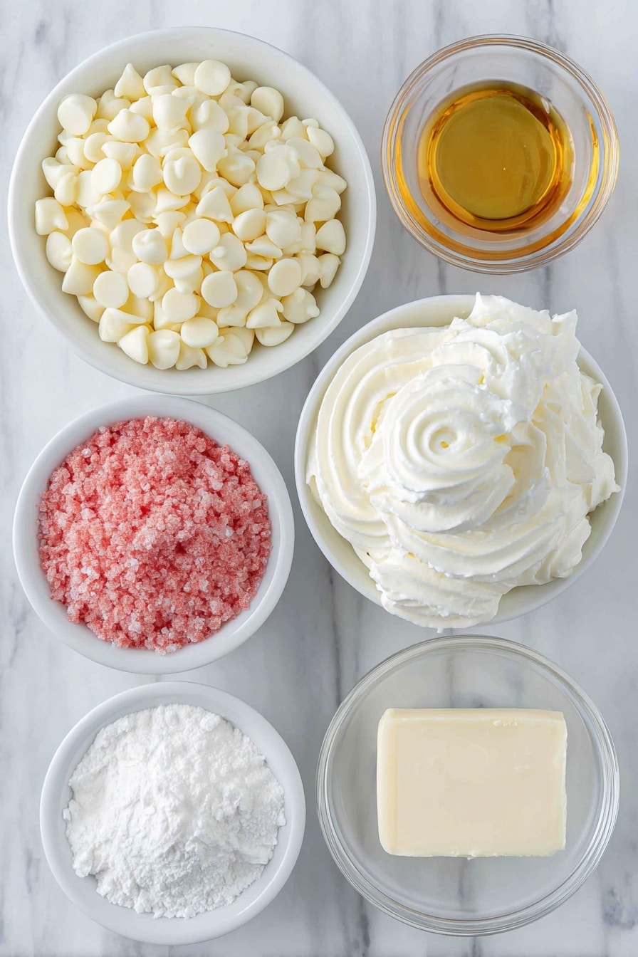 Strawberry Mousse Cake Filling Recipe 7 Flat lay of a small pile of glossy white chocolate chips, a few fresh heavy cream swirls in two small white ceramic bowls, a small white ceramic bowl filled with bright pink freeze-dried strawberry powder, a tiny white ceramic bowl with fine white powdered sugar, a small white ceramic bowl containing golden vanilla extract, and a pinch of fine salt scattered on the surface, all arranged symmetrically, placed on a clean white marble surface, soft natural light, photo taken with an iPhone, professional food photography style, fresh ingredients, white ceramic bowls, no bottles, no duplicates, no utensils, no packaging --ar 2:3 --v 7 --p m7354615311229779997 - Strawberry Mousse Cake Filling, strawberry mousse recipe, cake filling with strawberries, easy strawberry mousse, homemade cake filling
