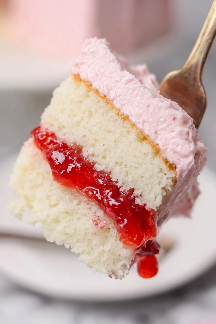 Strawberry Mousse Cake Filling Recipe 6 The image shows a tall, three-layer white cake with smooth pink frosting covering the outside. Each cake layer is light and fluffy, separated by two thick layers of pink cream and a thin layer of bright red strawberry jam in between. The top of the cake is decorated with pink piped frosting swirls and a pile of fresh strawberries, some whole and one sliced in half, adding a bright red and green color contrast. The cake sits on a white plate against a white marbled surface. photo taken with an iphone --ar 2:3 --v 7 - Strawberry Mousse Cake Filling, strawberry mousse recipe, cake filling with strawberries, easy strawberry mousse, homemade cake filling