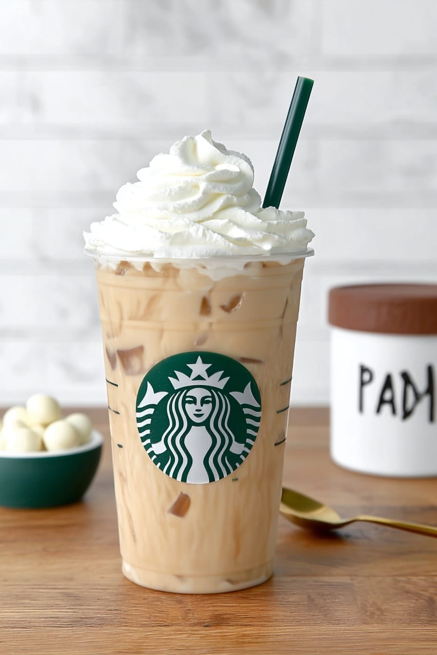 Iced White Chocolate Mocha Copycat Recipe 6 A tall clear plastic cup filled with light brown iced coffee that has small ice cubes visible inside, topped with a large swirl of white whipped cream on top. The cup has a green Starbucks logo in the center and a dark green straw placed on the right side. The cup is set on a wooden surface with a white marbled texture background. To the left, there is a small white bowl with a green outside edge filled with white round candies or chocolate drops. To the right, there is a white container with a brown lid and black letter text, and a gold spoon laying flat near the front. Photo taken with an iphone --ar 2:3 --v 7 - Iced White Chocolate Mocha, White Chocolate Mocha Copycat, Starbucks White Chocolate Mocha, Homemade Iced Coffee Drinks, Easy White Chocolate Mocha