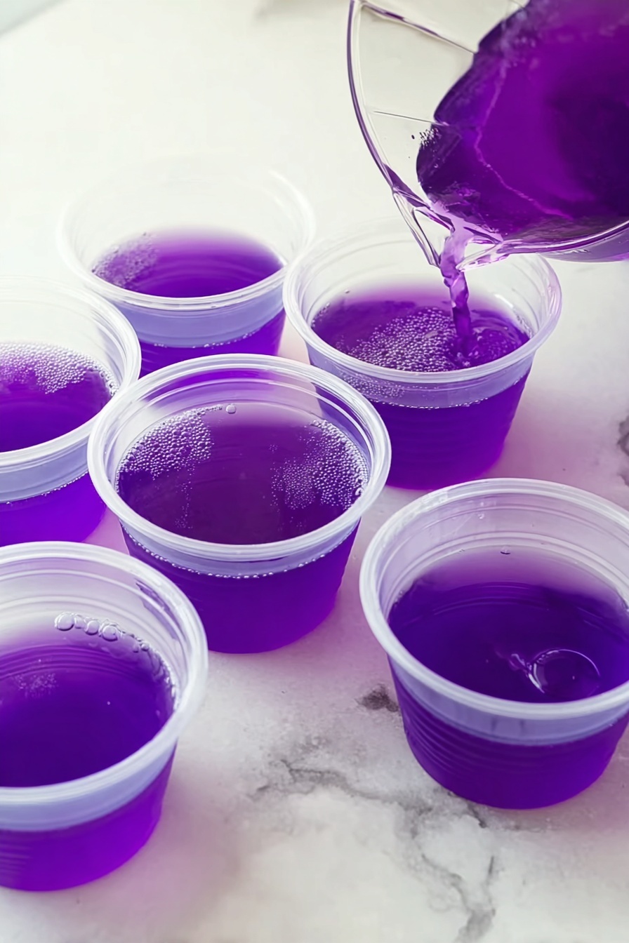Purple Hooter Jello Shots Recipe 6 The image shows six small clear plastic cups arranged on a white marbled surface, with one cup being filled with bright purple liquid from a pitcher. Each cup has a single layer of smooth, translucent purple liquid with a shiny surface reflecting light. There are a few small bubbles visible on the top layer in some cups. The pitcher pouring the liquid is partially visible in the corner, with the same vibrant purple liquid inside. Photo taken with an iphone --ar 2:3 --v 7 - Purple Hooter Jello Shots, purple hooter jello shots, layered jello shots with alcohol, party shot recipes, festive alcohol jello shots