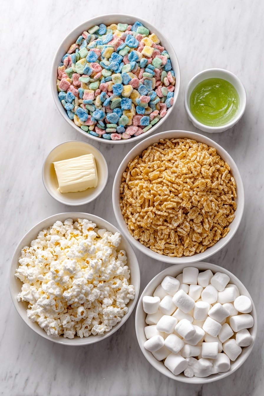 Lucky Charms Rice Krispie Treats Recipe 7 Flat lay of a heap of multi-colored Lucky Charms cereal with pastel marshmallows, a separate pile of golden Rice Krispies cereal, a small white bowl filled with round white mini marshmallows, a small white bowl containing creamy salted butter, and a tiny white bowl holding vibrant green gel food coloring, all arranged perfectly symmetrical in fresh natural form on simple white ceramic dishes, placed on a clean white marble surface, soft natural light, photo taken with an iPhone, professional food photography style, fresh ingredients, white ceramic bowls, no bottles, no duplicates, no utensils, no packaging --ar 2:3 --v 7 --p m7354615311229779997 - Lucky Charms Rice Krispie Treats, colorful cereal treats, marshmallow cereal bars, fun party snacks, nostalgic sweet recipes