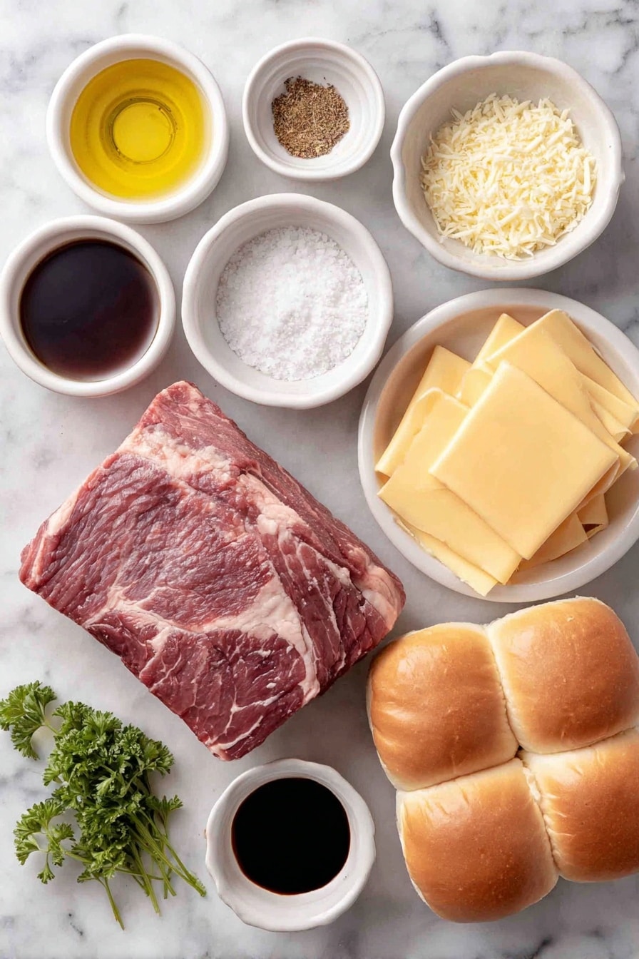 Easy Crockpot French Dip Sandwiches Recipe 7 Flat lay of a whole raw beef chuck roast with natural marbling, a small drizzle of olive oil in a white ceramic bowl, a white ceramic bowl containing coarse salt, another white bowl with ground black pepper, a white bowl holding garlic powder, a white bowl with onion powder, a white ceramic bowl filled with rich dark beef broth, a small white bowl with Worcestershire sauce, a small white bowl containing soy sauce, four fresh golden hoagie rolls, four slices of creamy provolone cheese stacked neatly, and a few sprigs of vibrant green fresh parsley, all arranged symmetrically and naturally placed on a clean white marble surface, soft natural light, photo taken with an iPhone, professional food photography style, fresh ingredients, white ceramic bowls, no bottles, no duplicates, no utensils, no packaging --ar 2:3 --v 7 --p m7354615311229779997 - French Dip Sandwiches, Crockpot French Dip, Easy Crockpot Sandwiches, Slow Cooker Beef Sandwiches, Tender Beef Sandwich Recipe