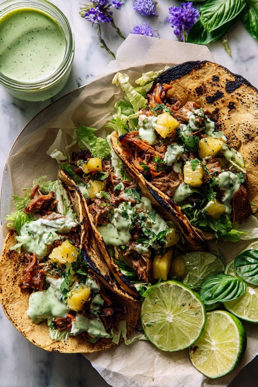 Hawaiian Chicken Tacos with Pineapple Salsa Recipe 8 Three grilled corn tortillas with dark char marks lie on a white plate lined with parchment paper, each folded open and filled with several layers. The bottom layer is bright green shredded lettuce, topped with reddish-brown shredded cooked meat. Scattered on top are small chunks of yellow pineapple and fresh green cilantro leaves. A creamy light green sauce is drizzled over the meat in uneven dollops. To the right side of the plate are lime wedges, some whole and some squeezed, with fresh green basil and purple edible flowers next to them. In the top left corner, a glass jar holds more of the creamy green sauce. The whole scene is set on a white marbled surface. photo taken with an iphone --ar 2:3 --v 7 - Hawaiian Chicken Tacos with Pineapple Salsa, Hawaiian Chicken Tacos, Pineapple Salsa Tacos, Tropical Chicken Tacos, Chicken Taco Recipes