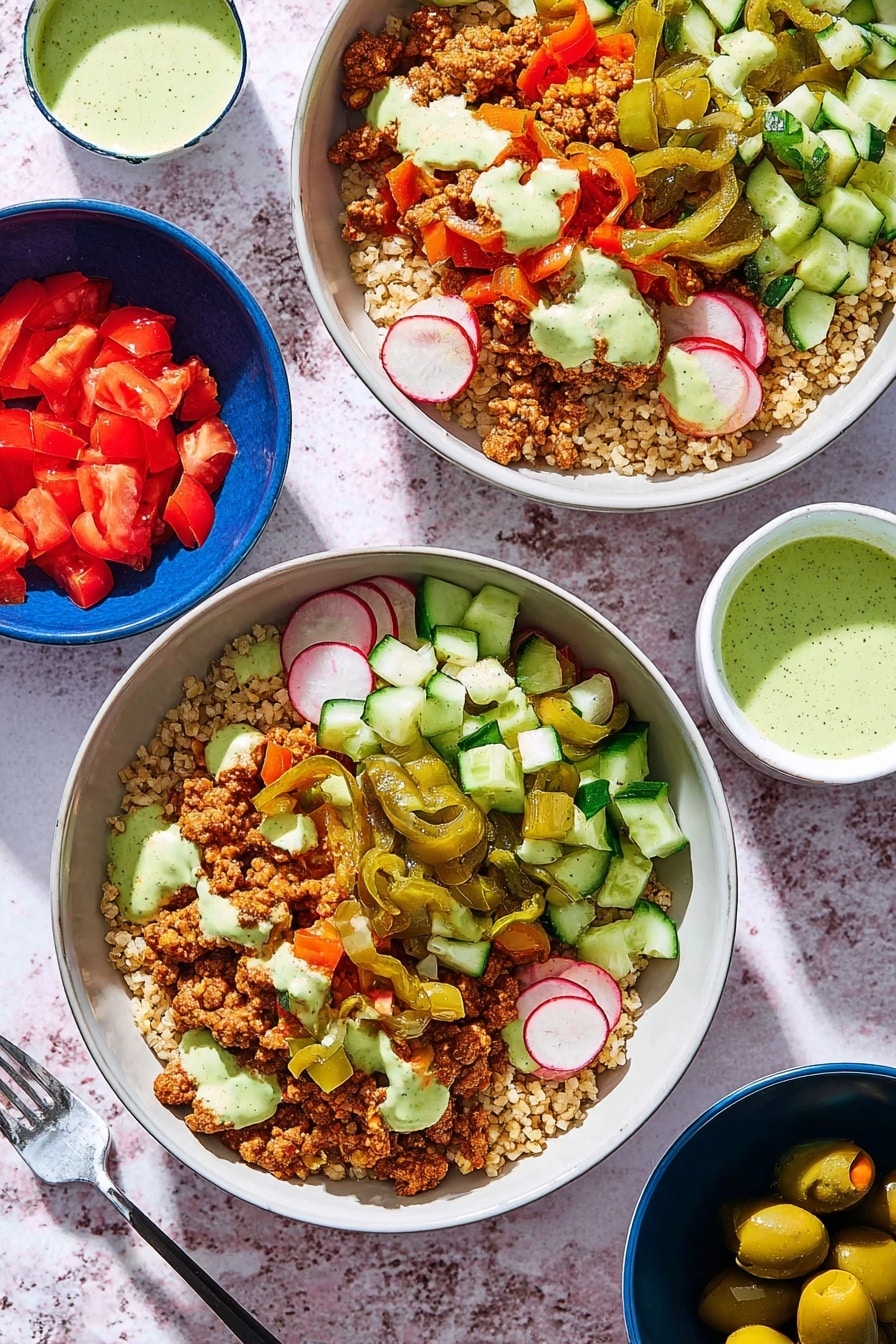 Mediterranean Beef Bowls with Harissa Oil Recipe 8 Two white bowls sit on a white marbled surface, each with three main layers: a bottom layer of light brown bulgur, a middle layer of cooked minced meat with green bell pepper and onions in a reddish sauce, and a top layer of a fresh salad including chopped cucumbers, red bell peppers, green olives cut in half, and three thin slices of radish on the side. A creamy light green sauce is drizzled over the salad in both bowls. Nearby, a blue bowl holds extra chopped cucumber and tomato, while a small white bowl contains the same green creamy sauce. A small dark blue bowl holds halved green olives. A fork lies on the edge of one bowl. The photo taken with an iphone --ar 2:3 --v 7 - Mediterranean Beef Bowls with Harissa Oil, Mediterranean beef bowl recipe, Harissa oil beef bowl, flavorful beef bowls, healthy Mediterranean dinner