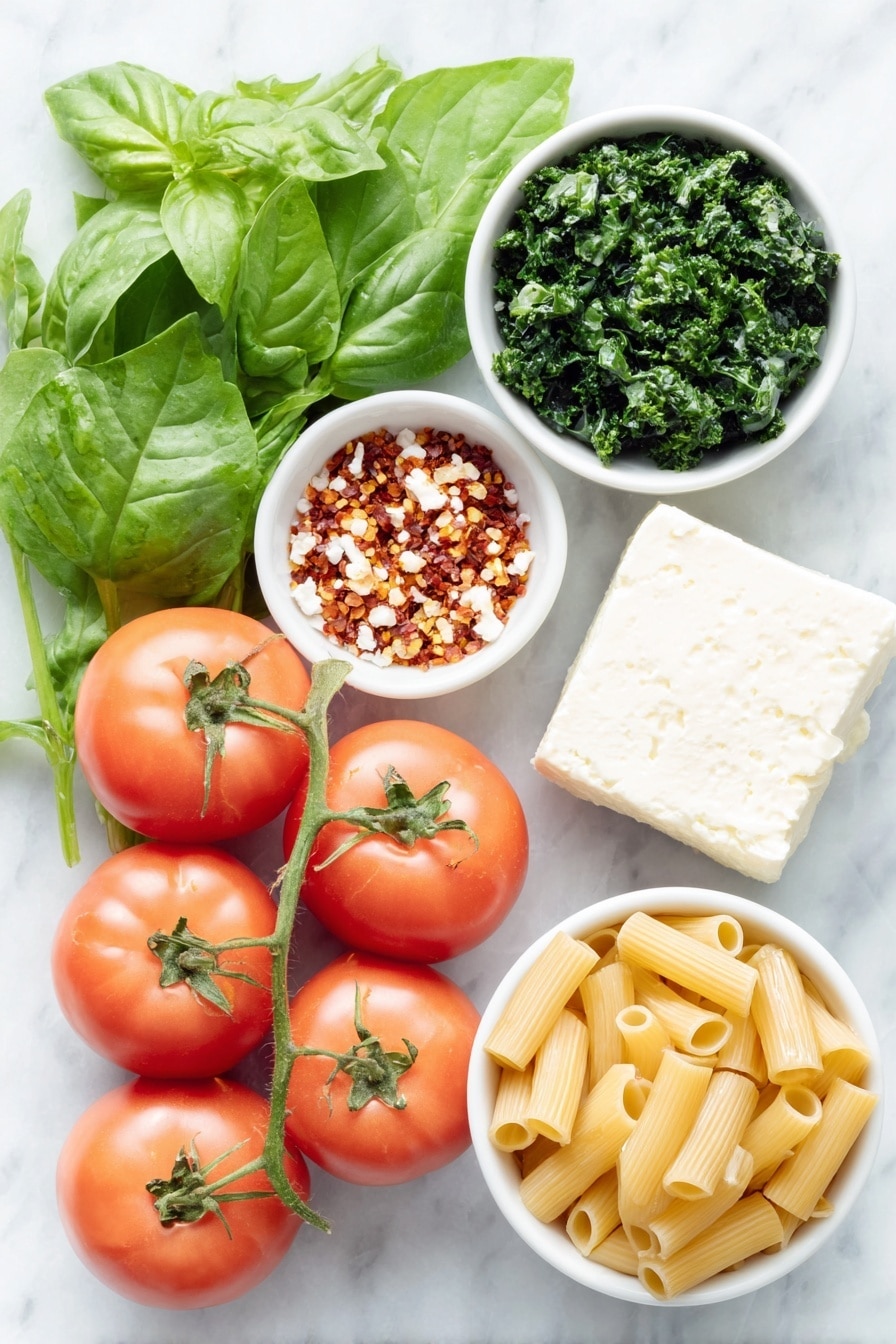 Baked Feta Pasta with Spinach Recipe 7 Flat lay of fresh grape tomatoes on the vine, several whole uncracked garlic cloves halved to show fresh interiors, a small white ceramic bowl filled with golden extra-virgin olive oil, a solid block of creamy white sheep’s milk feta cheese, a small white bowl with vibrant crushed red pepper flakes, roughly chopped fresh green spinach leaves, thinly sliced bright green fresh basil arranged neatly, a small pile of finely minced fresh parsley leaves, uncooked penne pasta with smooth ridged tubes, all items arranged symmetrically in perfect proportion on simple white ceramic plates and bowls, placed on a clean white marble surface, soft natural light, photo taken with an iPhone, professional food photography style, fresh ingredients, white ceramic bowls, no bottles, no duplicates, no utensils, no packaging --ar 2:3 --v 7 --p m7354615311229779997 - Baked Feta Pasta with Spinach, baked feta pasta, easy baked pasta recipes, healthy pasta dishes, creamy baked feta pasta