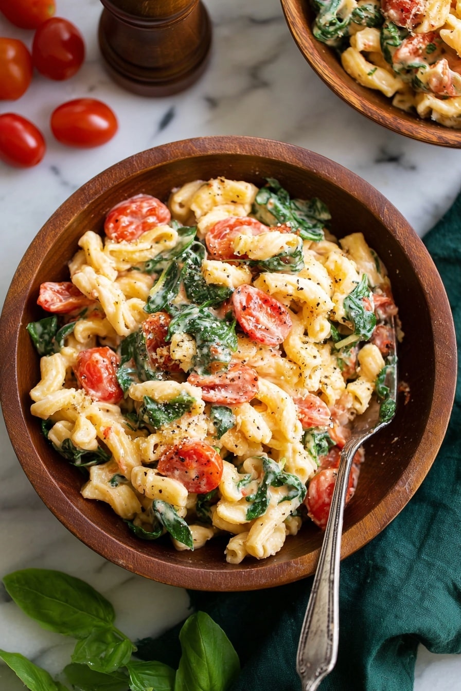Baked Feta Pasta with Spinach Recipe 6 The dish is shown in a round wooden bowl filled with short, ridged pasta tossed with bright green spinach and halved red cherry tomatoes. The pasta is coated in a creamy light pink sauce with bits of melted cheese visible, and some black pepper sprinkled on top. A silver fork rests inside the bowl on the right side. In the background, some loose red cherry tomatoes and a pepper grinder are placed on a white marbled surface, with another bowl of the same pasta partially visible above. A dark green cloth napkin is placed near the bowl, and fresh green basil leaves peek in from the bottom right corner. Photo taken with an iphone --ar 2:3 --v 7 - Baked Feta Pasta with Spinach, baked feta pasta, easy baked pasta recipes, healthy pasta dishes, creamy baked feta pasta