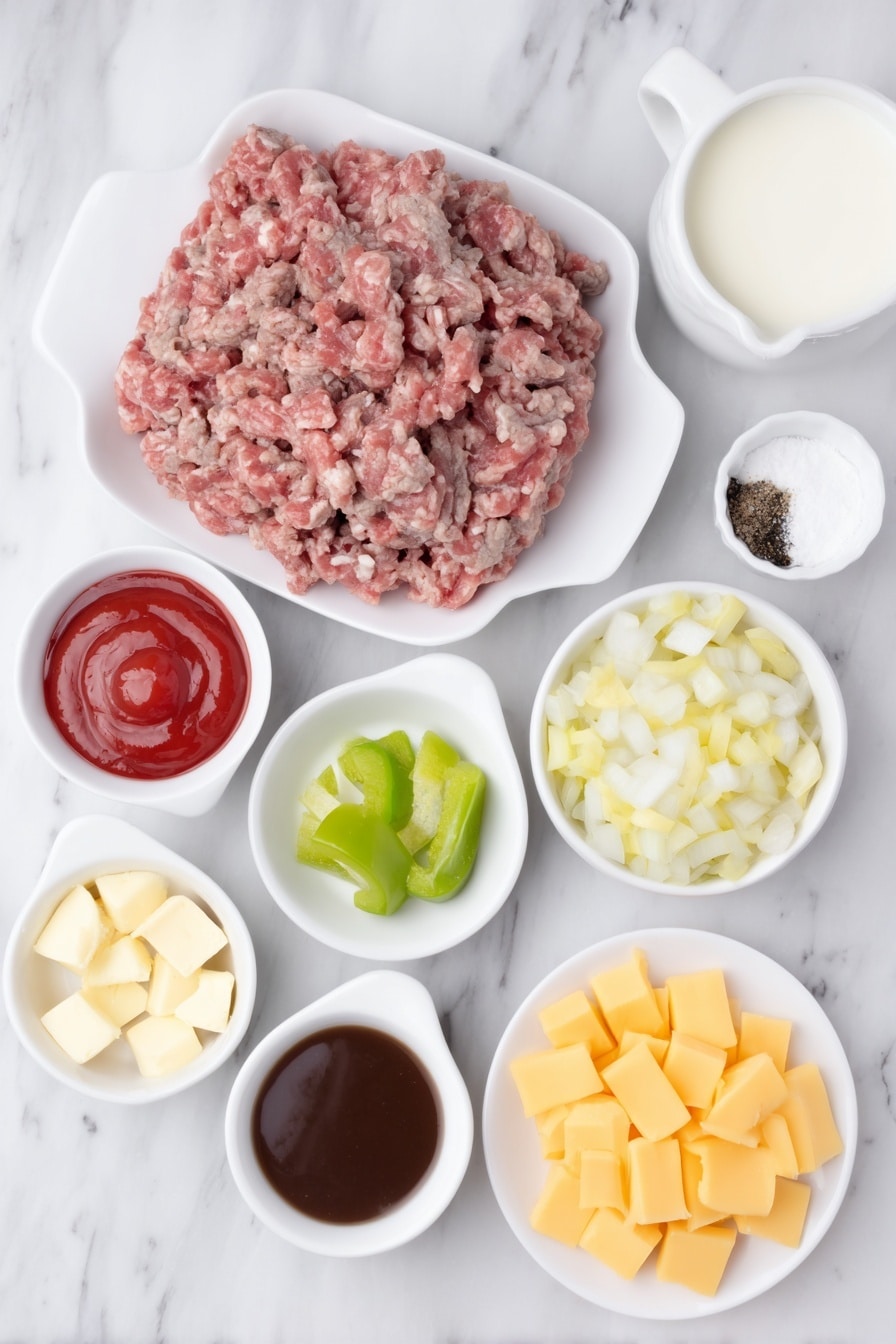 Philly Cheesesteak Stuffed Pasta Shells Recipe 7 Flat lay of a pound of fresh lean ground beef, a few tablespoons of creamy butter in a small white bowl, one small yellow onion diced into small cubes on a white ceramic plate, one small green bell pepper diced on a separate white plate, a small white bowl of bright red ketchup, a small white bowl of dark Worcestershire sauce, coarse kosher salt crystals on a tiny white dish, freshly ground black peppercorns in another small white bowl, several small cubes of vibrant orange cheddar cheese on a white plate, a perfectly arranged layer of uncooked jumbo pasta shells, a small white bowl with white cornstarch powder, a small white bowl filled with whole milk, a small white bowl containing rich brown beef broth placed symmetrically – all ingredients fresh and natural, no packaging, no duplicates, no utensils, simple white ceramic bowls and plates, arranged with perfect symmetry and realistic proportions, placed on a clean white marble surface, soft natural light, photo taken with an iPhone, professional food photography style, fresh ingredients, white ceramic bowls, no bottles, no duplicates, no utensils, no packaging --ar 2:3 --v 7 --p m7354615311229779997 - Philly Cheesesteak Stuffed Pasta Shells, Philly Cheesesteak Stuffed Pasta, Philly Cheesesteak Pasta Shells, cheesesteak stuffed pasta, stuffed pasta recipes