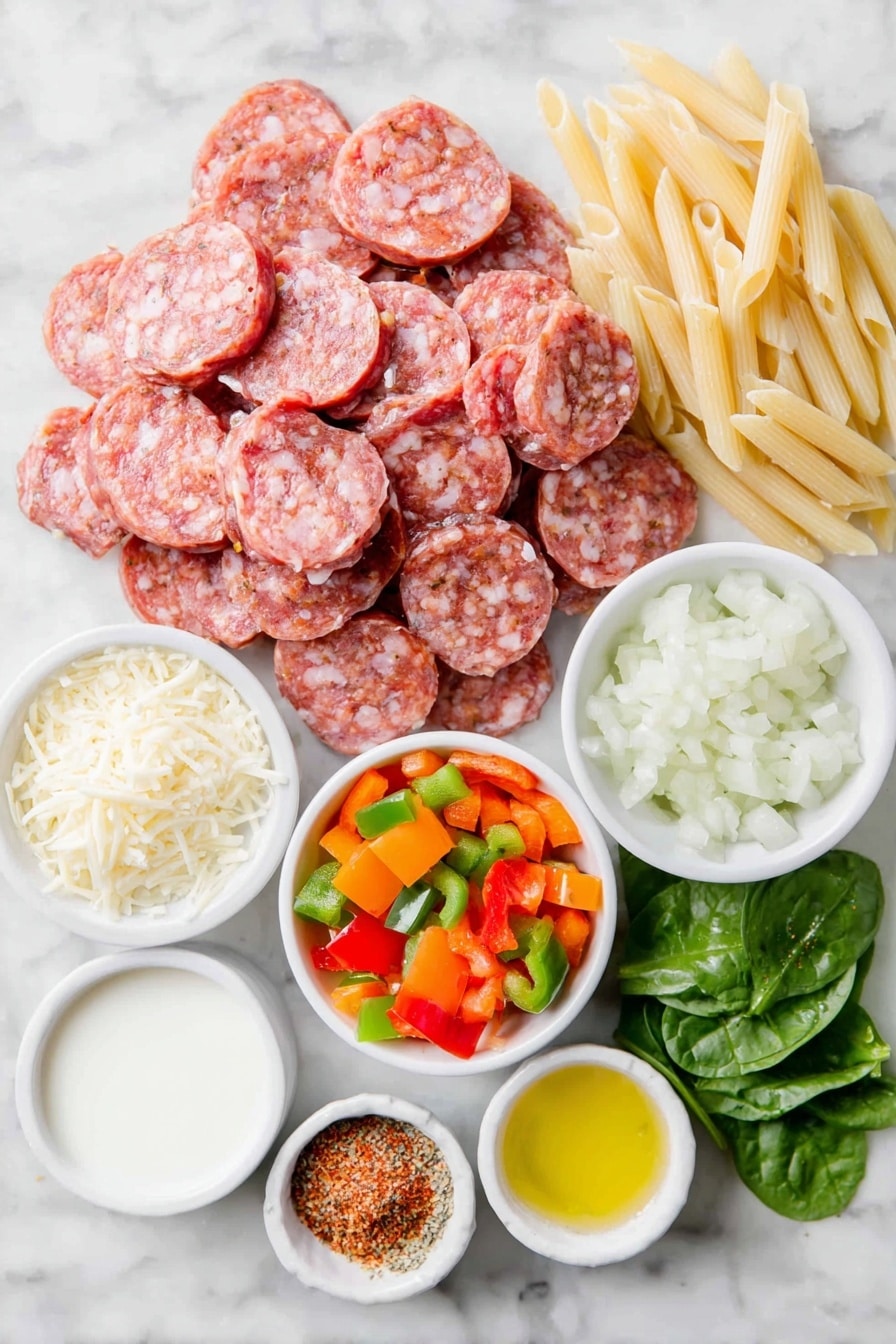 Creamy Cajun Sausage Pasta Recipe 7 Flat lay of sliced smoked Andouille sausage rounds arranged next to a small pile of uncooked penne pasta, a small white bowl of mixed diced colorful bell peppers, a small white bowl of diced white onion, a small white bowl of bright green fresh spinach leaves, a small white bowl filled with grated Parmesan cheese, a small white bowl containing creamy heavy cream, a small white bowl of golden olive oil, a small white bowl holding reddish-brown Cajun seasoning, a small white bowl with fine white garlic powder, a small white bowl with vibrant red cayenne pepper, a small bunch of fresh green parsley sprigs, all placed on a clean white marble surface, soft natural light, photo taken with an iPhone, professional food photography style, fresh ingredients, white ceramic bowls, no bottles, no duplicates, no utensils, no packaging --ar 2:3 --v 7 --p m7354615311229779997 - Creamy Cajun Sausage Pasta, Cajun sausage pasta, easy Cajun pasta recipe, quick sausage pasta, spicy creamy pasta